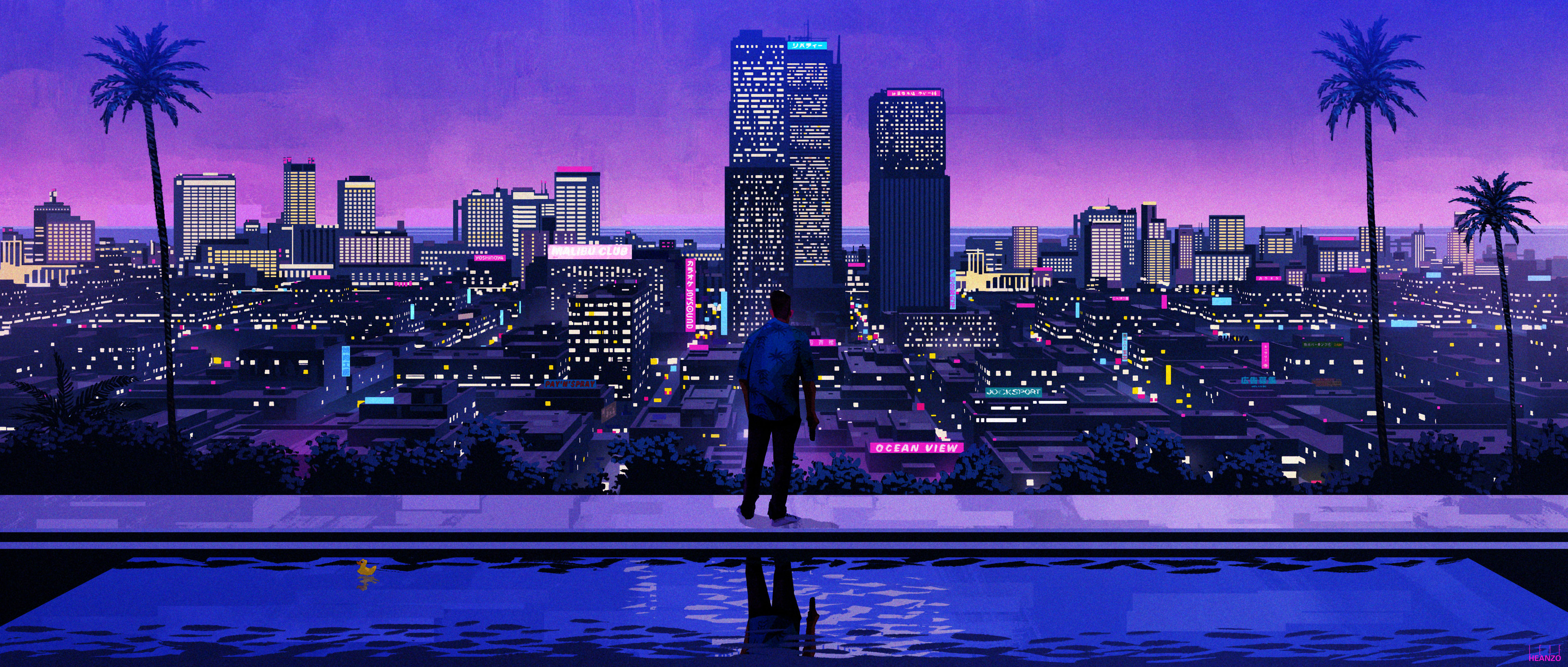 General 3840x1634 Leif Heanzo digital art artwork illustration city cityscape blue palm trees night nightscape water reflection swimming pool watermarked city lights standing looking away looking into the distance building skyscraper Vice City