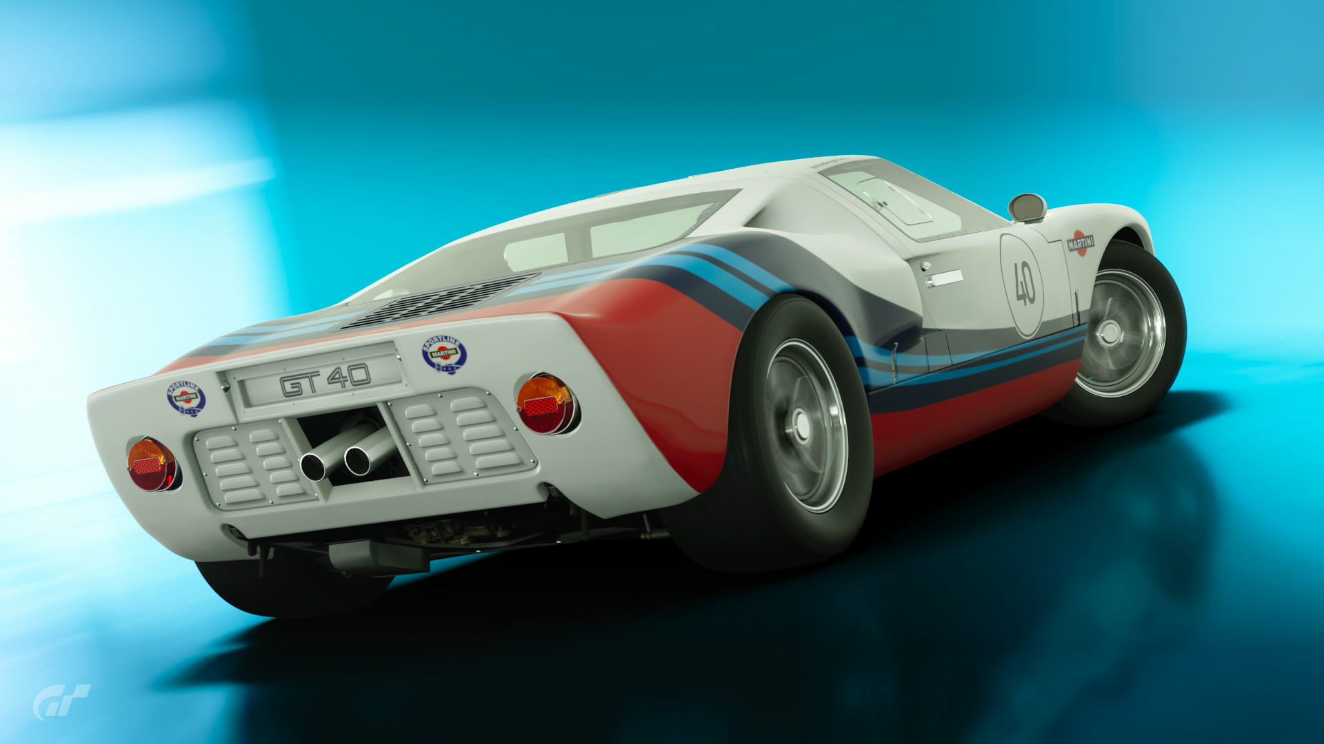 General 1920x1080 Ford GT40 Martini Gran Turismo Sport livery custom Gran Turismo Ford American cars video games Le Mans 1966 (Year) rear view simple background car vehicle minimalism reflection watermarked racing race cars motorsport