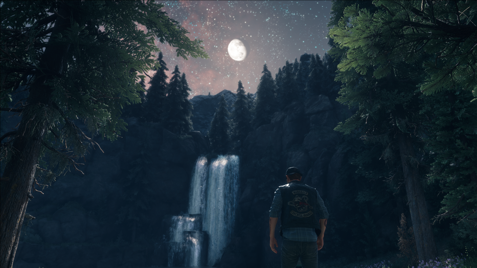 General 1920x1080 Days Gone video games night starscape sky video game men trees video game art screen shot video game characters CGI Moon moonlight standing stars hat waterfall nature