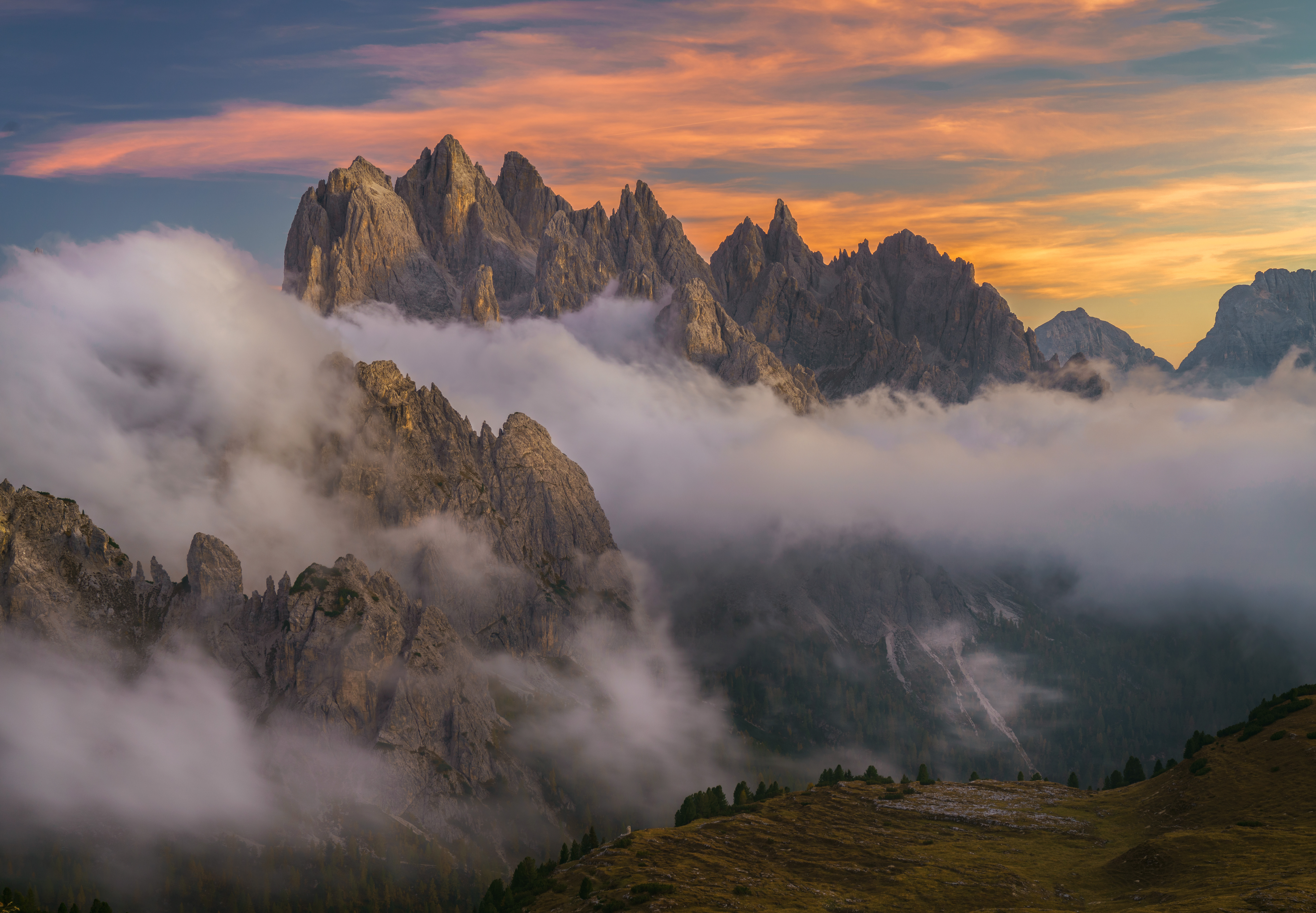 General 7647x5304 mountains clouds sunset mist nature Dolomites field cliff landscape sunset glow sky trees