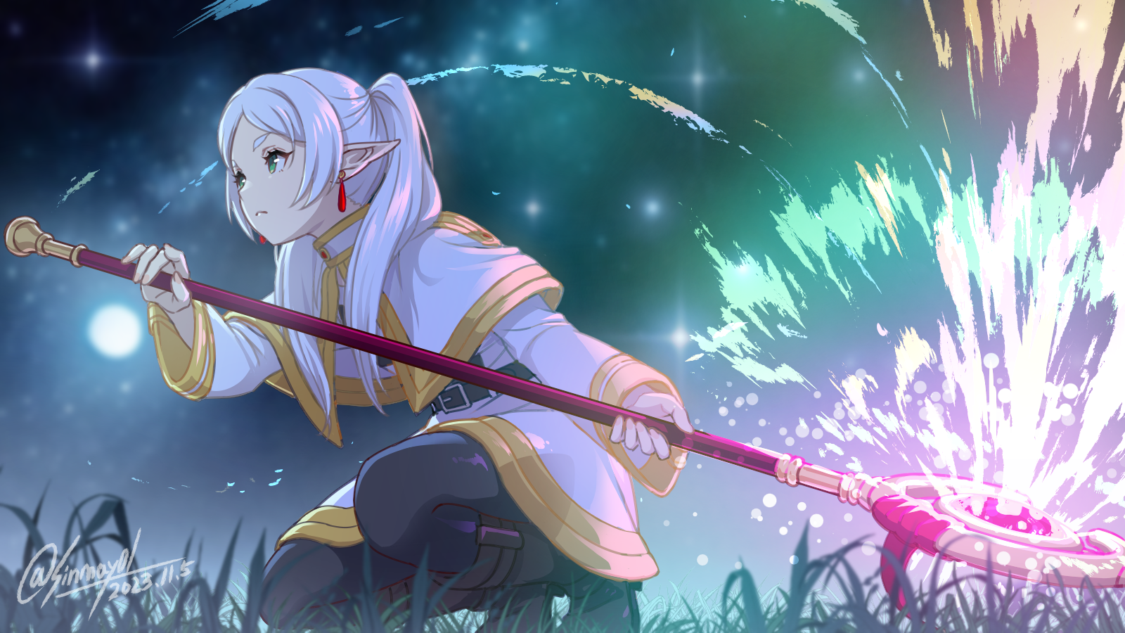 Anime 1600x900 Sousou No Frieren anime Frieren watermarked staff pointy ears twintails looking away long hair closed mouth frown squatting bent legs grass earring stars white hair green eyes anime girls