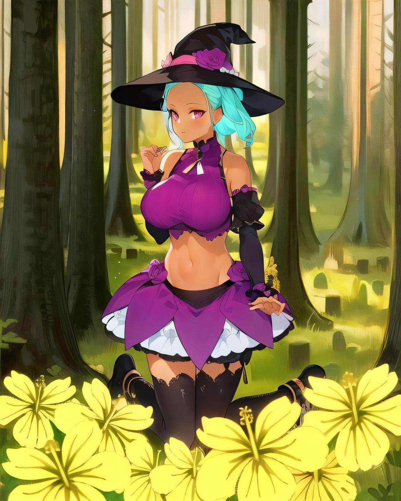 Anime 1280x1600 Ruby RoseHeart original characters witch purple clothing witch hat blue hair purple eyes big boobs nature forest AI art smiling standing bare shoulders detached sleeves trees outdoors women outdoors closed mouth sunlight portrait display flowers digital art dark skin