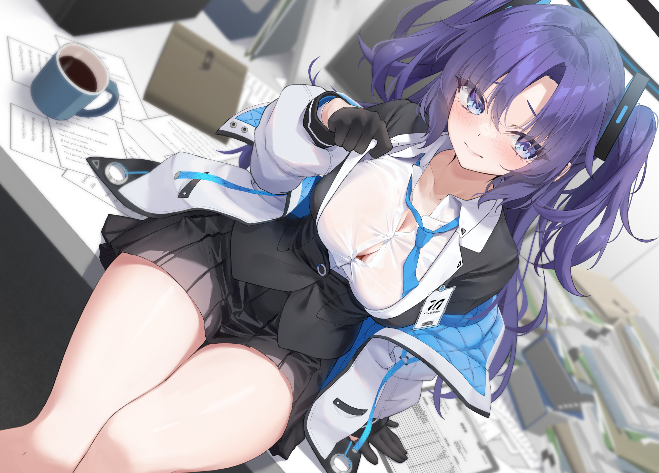 Anime 2618x1881 anime anime girls Hayase Yuuka Blue Archive Mirea looking at viewer closed mouth blushing sitting off shoulder long hair twintails drink cup coffee purple hair blue eyes ID card thighs skirt paper envelope clipboards desk necktie blue tie tie jacket black gloves gloves office boobs cleavage open jacket bright