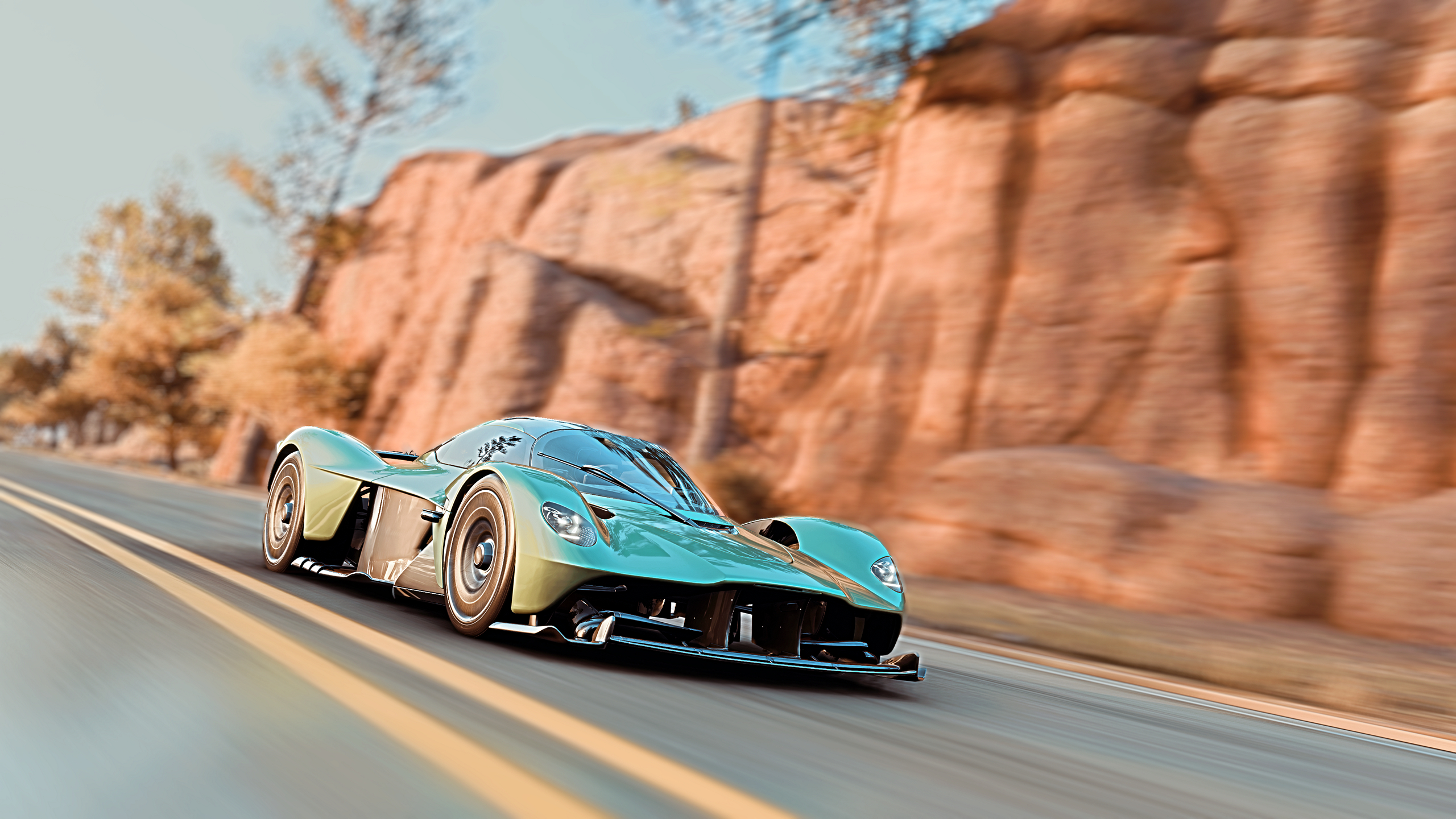 General 2560x1440 Forza Horizon 5 HDR sports car mountain pass speed-limit Aston Martin British cars Hypercar PlaygroundGames fall video games frontal view headlights motion blur video game art CGI road driving trees