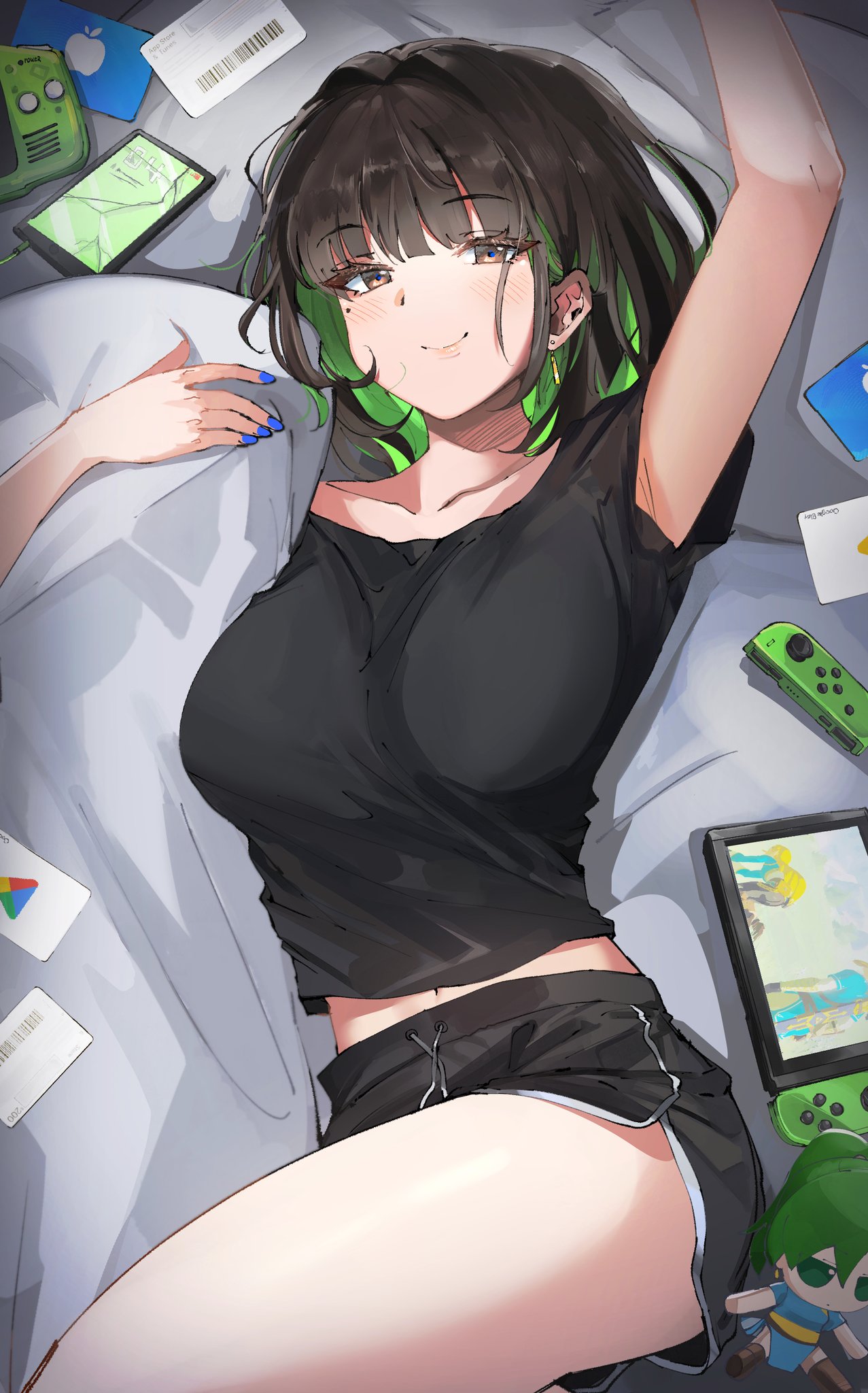 Anime 1277x2048 anime anime girls two tone hair brown eyes black shirt black shorts painted nails blue nails short shorts smiling Nintendo Switch Ormille moles mole under eye lying down lying on back credit cards blunt bangs bangs portrait display green hair closed mouth looking at viewer thighs