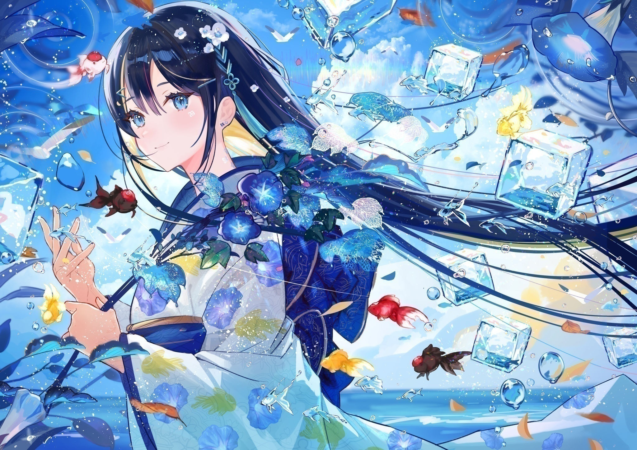 Anime 2047x1447 anime anime girls Hamaru blue eyes fish ice cubes floral looking at viewer long hair hair between eyes animals closed mouth smiling blue hair hair ornament blue ice leaves flowers Japanese clothes long sleeves wide sleeves sidelocks yukata original characters water water drops clouds sky sea sunlight