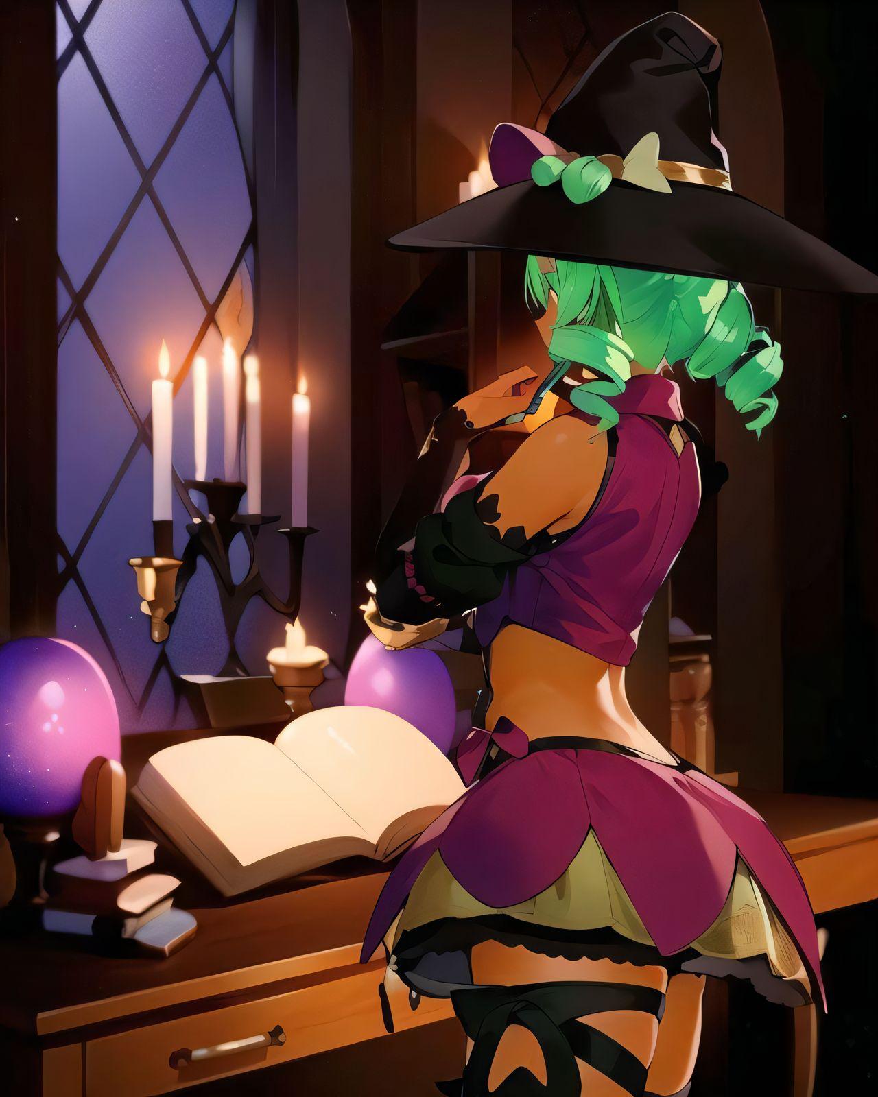 Anime 1280x1600 Ruby RoseHeart original characters witch purple clothing blue hair magic women thick thigh garter (cloth) AI art portrait display indoors women indoors standing books fire candles arched back skirt witch hat desk wood bare shoulders digital art