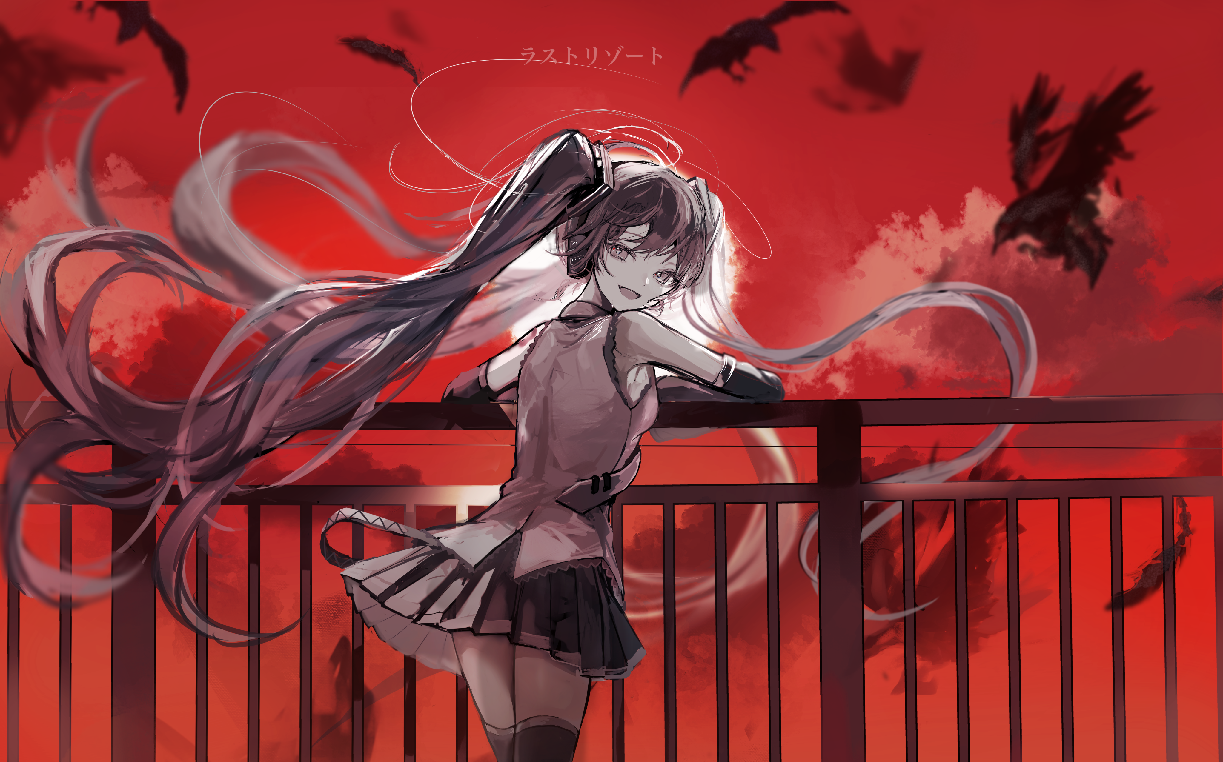Anime 4096x2553 Hatsune Miku anime Vocaloid long hair looking at viewer twintails open mouth raven Japanese handrail anime girls headphones looking back feathers clouds detached sleeves stockings skirt frills tie