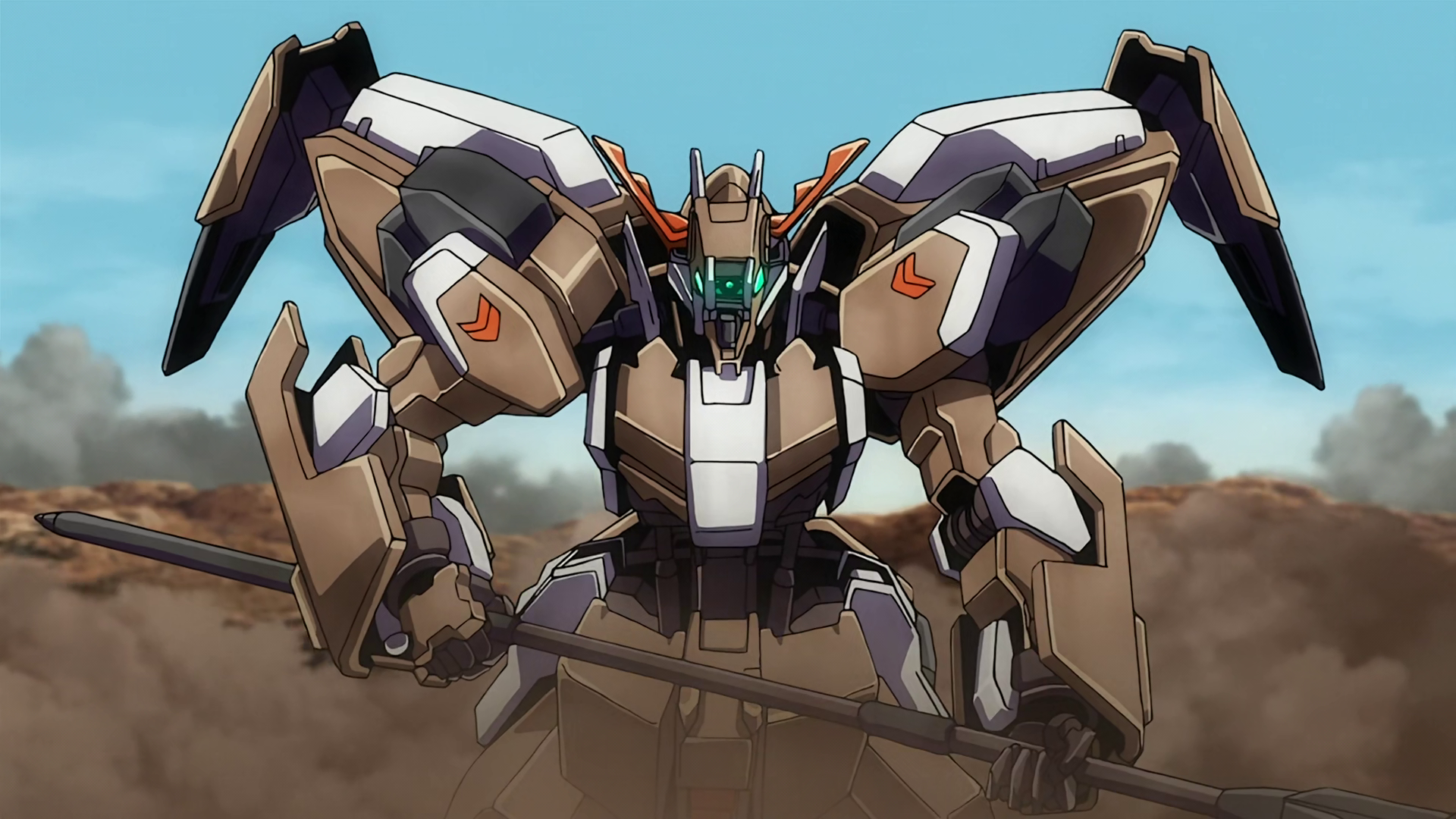 Anime 1920x1080 Anime screenshot mechs Mobile Suit Gundam: Iron-Blooded Orphans Gundam clear sky Gundam Gusion Rebake Full City anime sky sand
