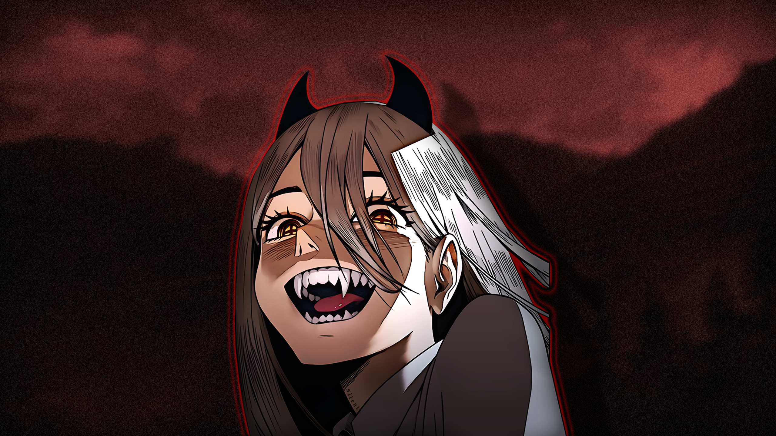 Anime 2560x1440 s1lent Chainsaw Man Power (Chainsaw Man) artwork anime girls devil girl orange eyes open mouth minimalism looking at viewer red anime simple background pointy teeth long hair hair between eyes horns blonde tongues