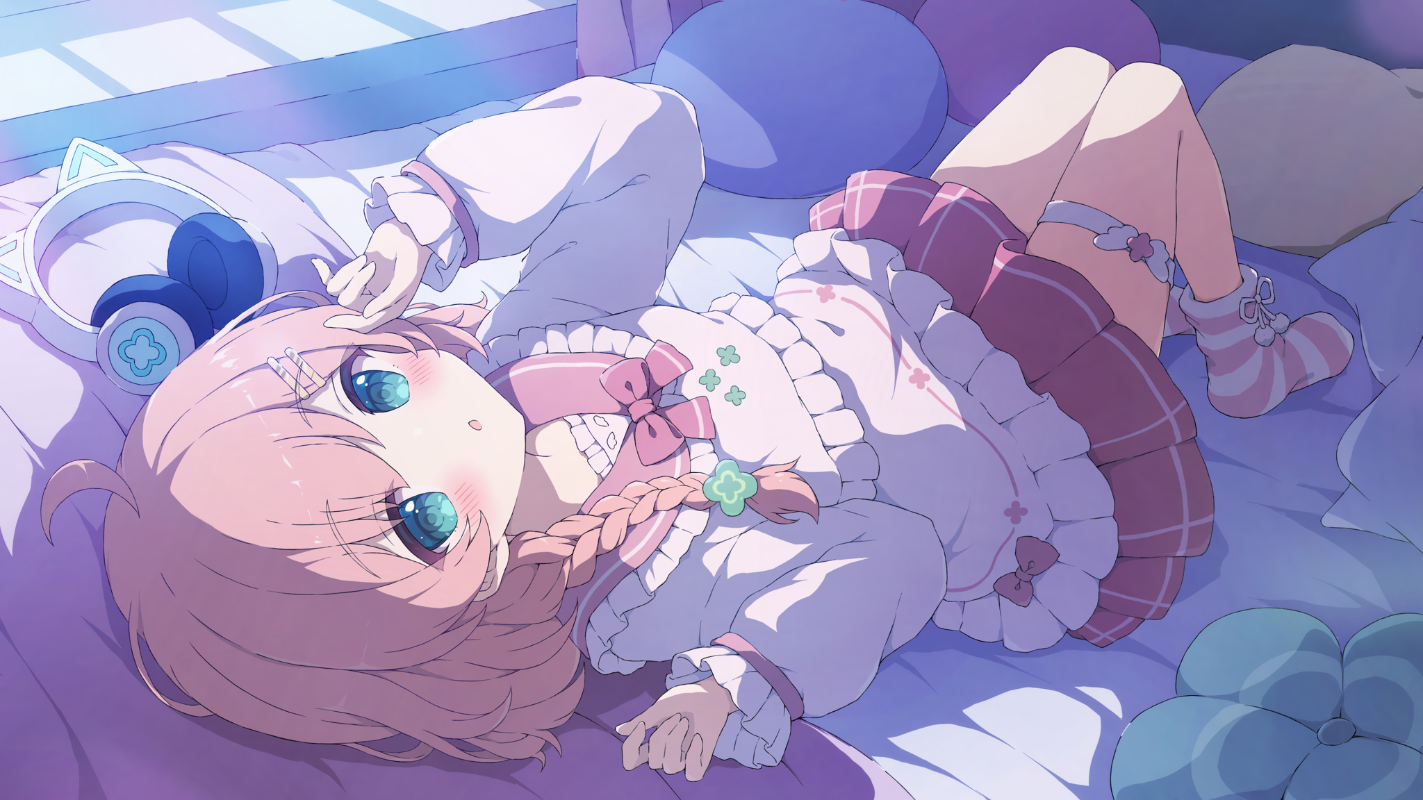 Anime 2048x1152 anime anime girls tyomimas leg ring lying down lying on back looking at viewer blushing headphones long sleeves hair clip hair ornament bent legs socks frills in bed bed bow tie indoors women indoors pink hair blue eyes ahoge braids sheets sunlight
