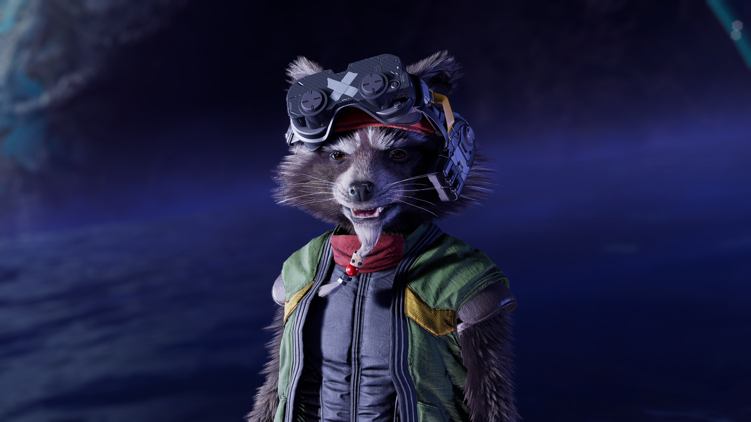 General 2560x1440 Guardians of the Galaxy (Game) Guardians of the Galaxy Rocket Raccoon digital art video game characters CGI video game art screen shot animals looking at viewer video games minimalism simple background fur whiskers goggles jacket
