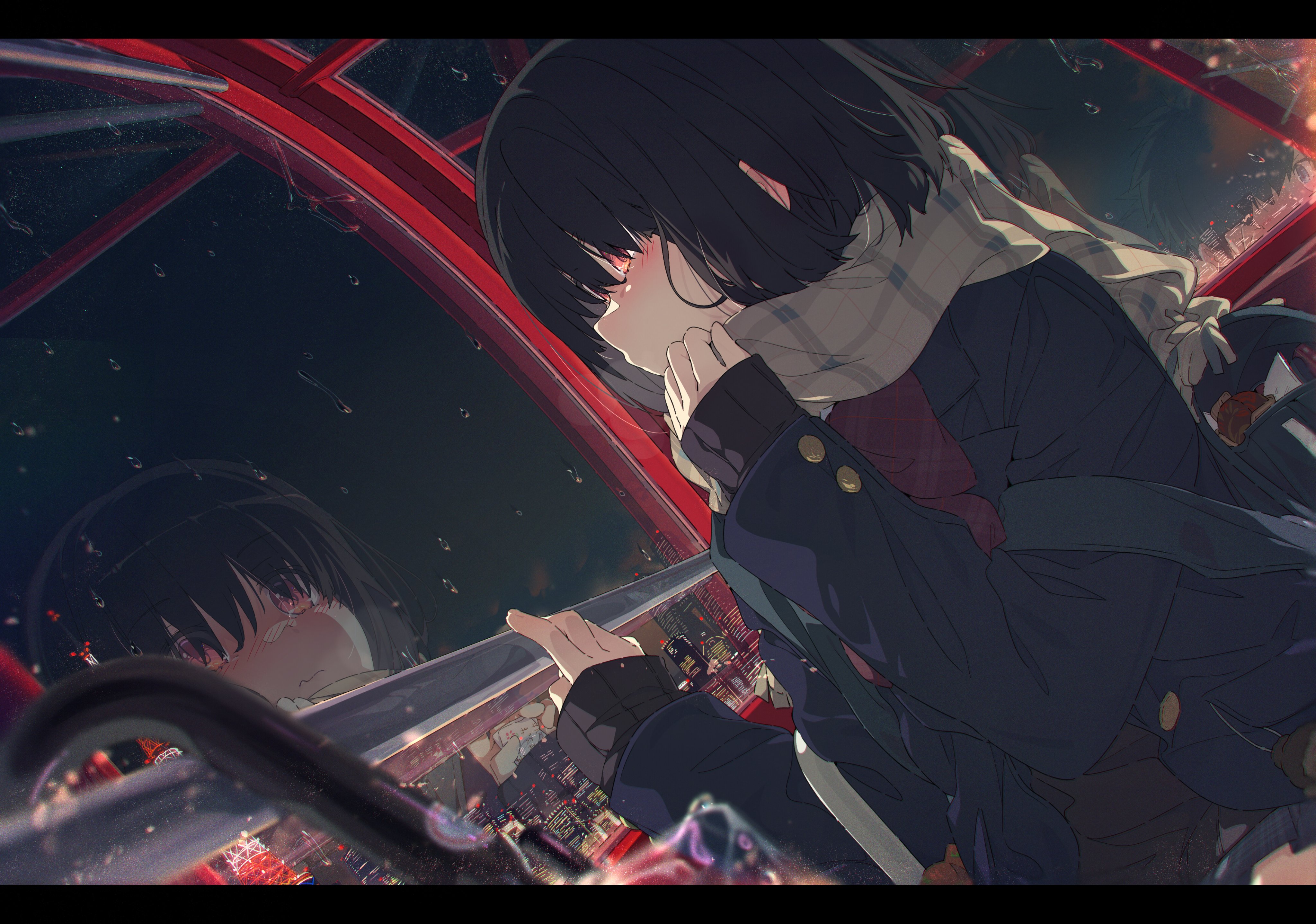 Anime 4096x2876 anime anime girls looking out window scarf closed mouth blushing short hair by the window window city rain city lights building black hair orange eyes long sleeves water drops schoolgirl school uniform Ogipote hair in face night sky umbrella sitting