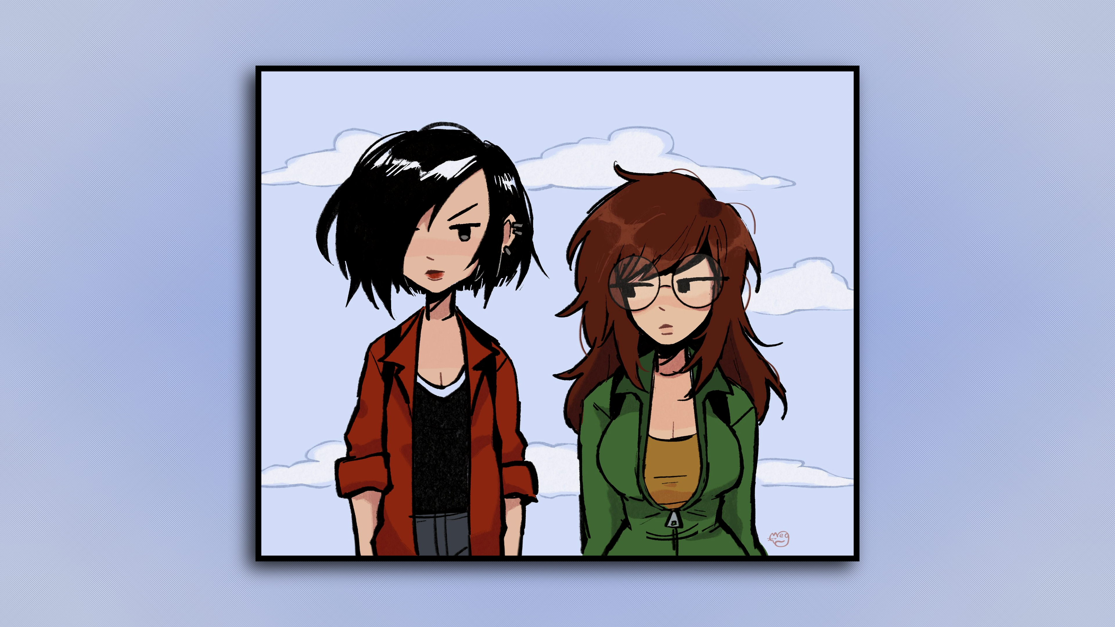 Anime 3840x2160 Jane Lane Daria Morgendorffer short hair long hair frame looking sideways jacket green jacket red jackets bangs 1990s rolled sleeves cleavage big boobs small boobs black shirt T-shirt looking at viewer jeans brunette black hair dark hair black eyes sidelocks piercing open clothes open jacket wide hips arm(s) behind back clouds zipper women with glasses hair over one eye glasses messy hair megrocks bright