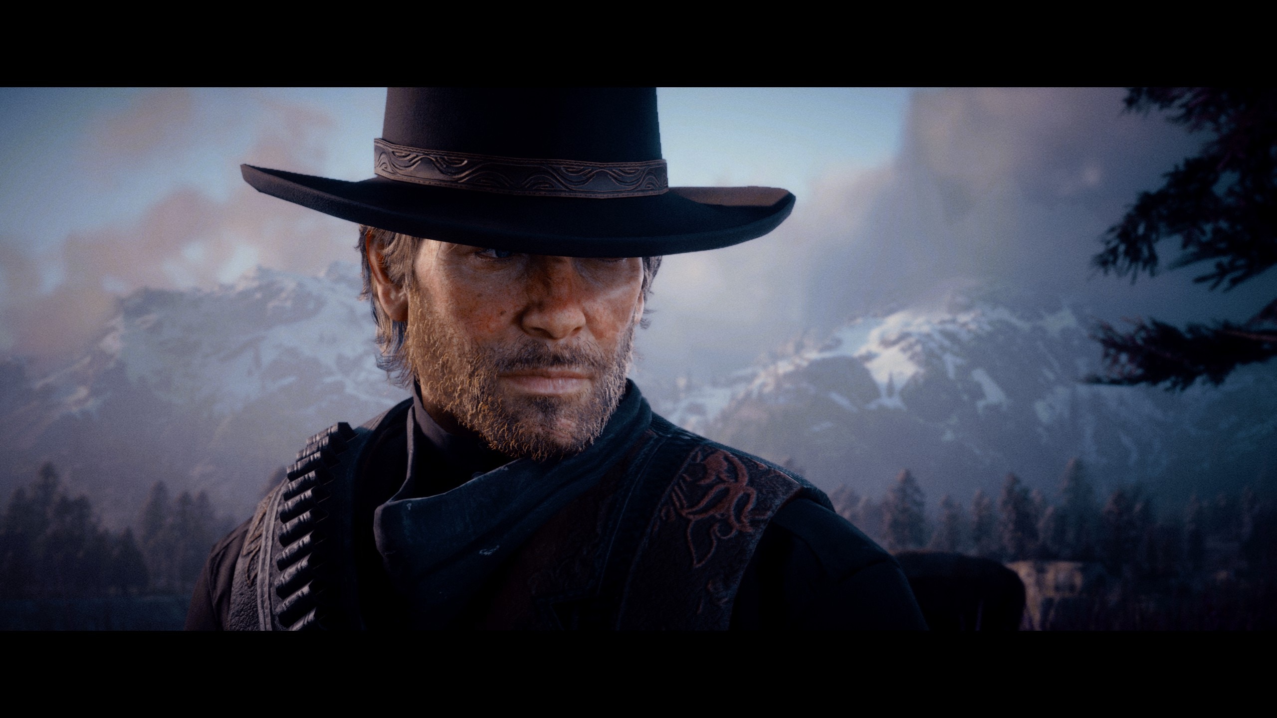 General 2560x1440 Arthur Morgan PC build Red Dead Redemption digital art video games Red Dead Redemption 2 video game characters CGI hat men with hats video game men beard video game art screen shot one eye obstructed trees looking away mountains snowy mountain clouds closed mouth depth of field