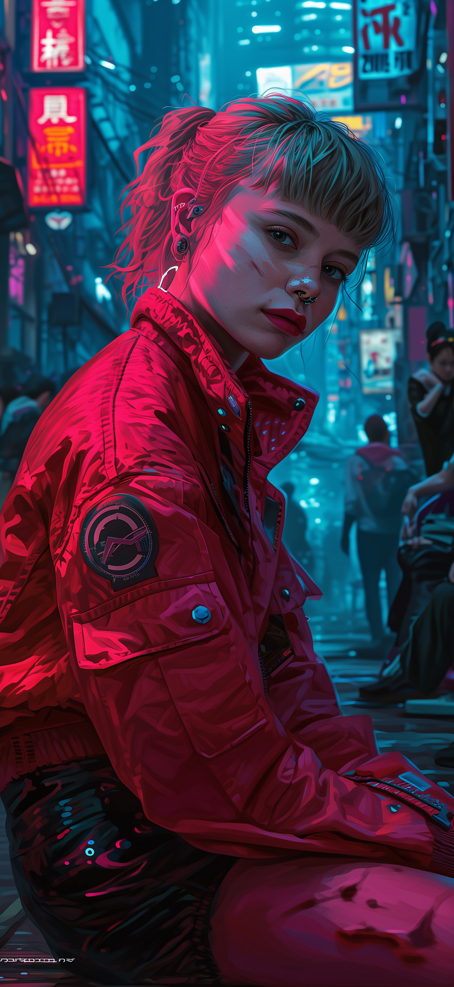 General 1472x3200 AI art portrait display cyberpunk street women red jacket neon looking at viewer parted lips nose ring blunt bangs depth of field bangs sign sitting blurred blurry background digital art short hair