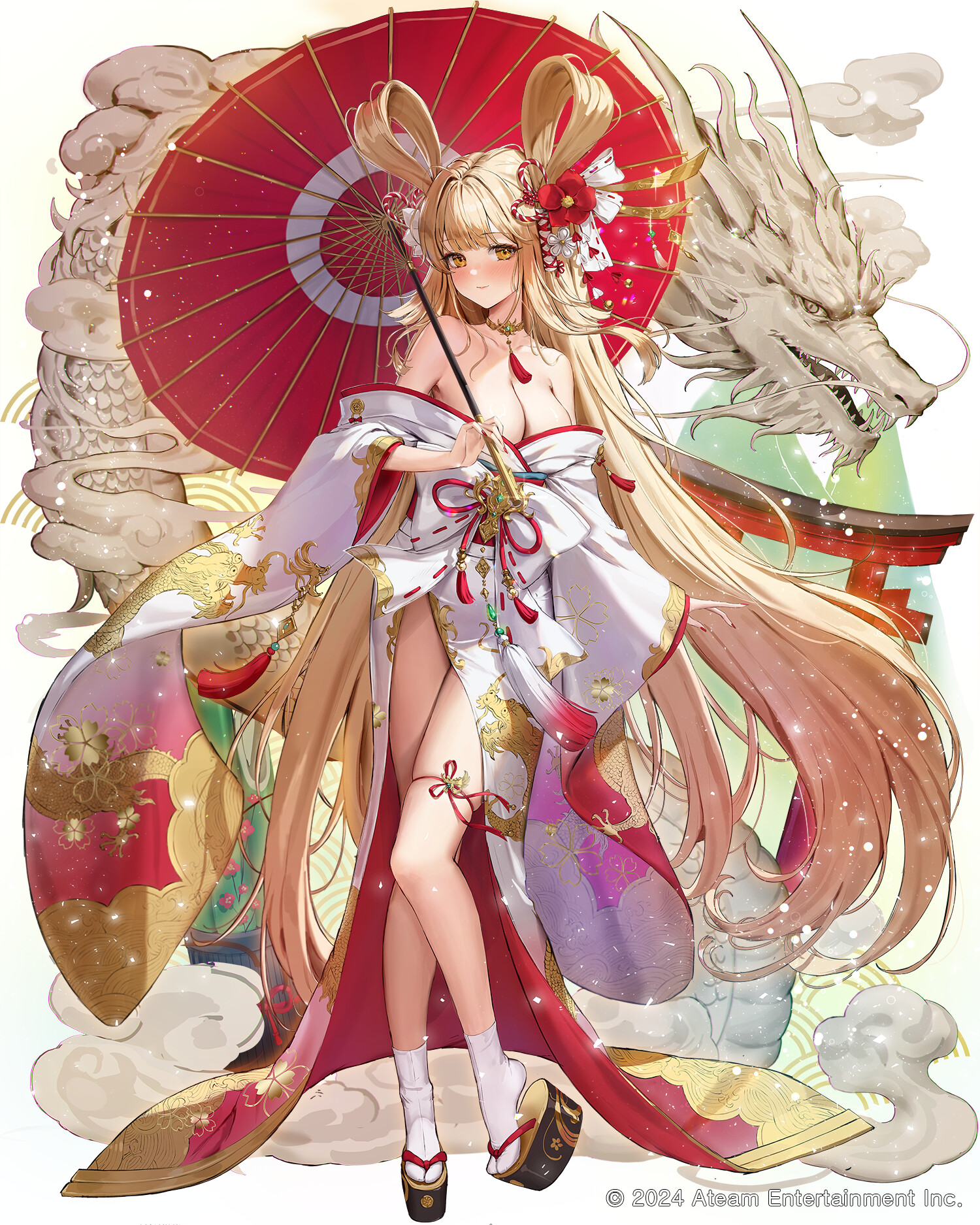 Anime 1500x1875 Jade Moon drawing anime girls dress umbrella Chinese dragon 2024 (year) watermarked long hair looking at viewer closed mouth smiling yellow eyes dragon off shoulder bare shoulders cleavage big boobs collarbone white socks socks short socks hair ornament standing Ateam Entertainment Inc. wide sleeves long sleeves tassels choker torii kimono painted nails