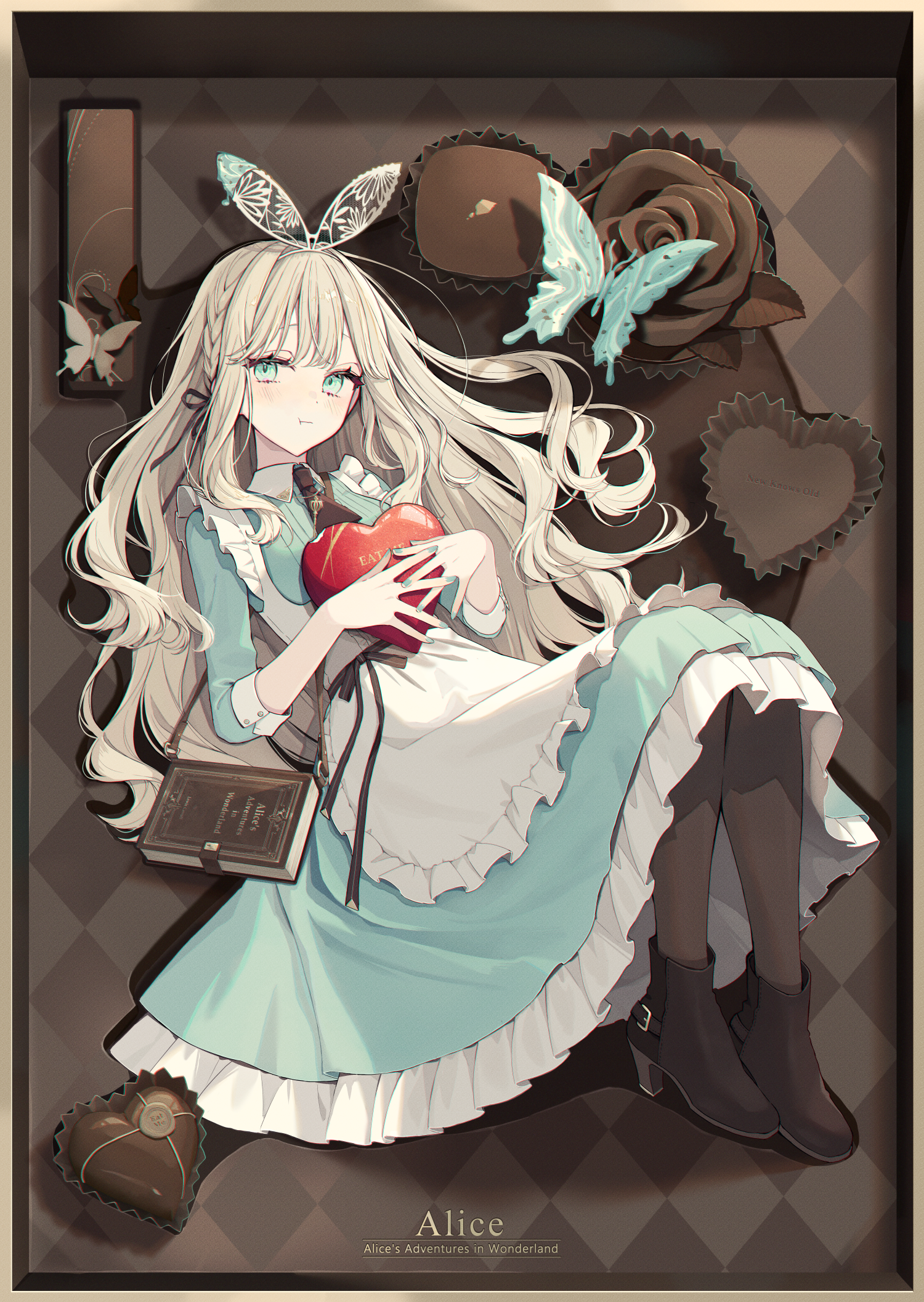 Anime 1500x2113 anime anime girls Akakura portrait display Alice in Wonderland dress looking at viewer long hair chocolate blue eyes closed mouth books butterfly braids blue nails painted nails bent legs sweets ribbon pouting frills bug brown pantyhose pantyhose heart (design) apron box Alice
