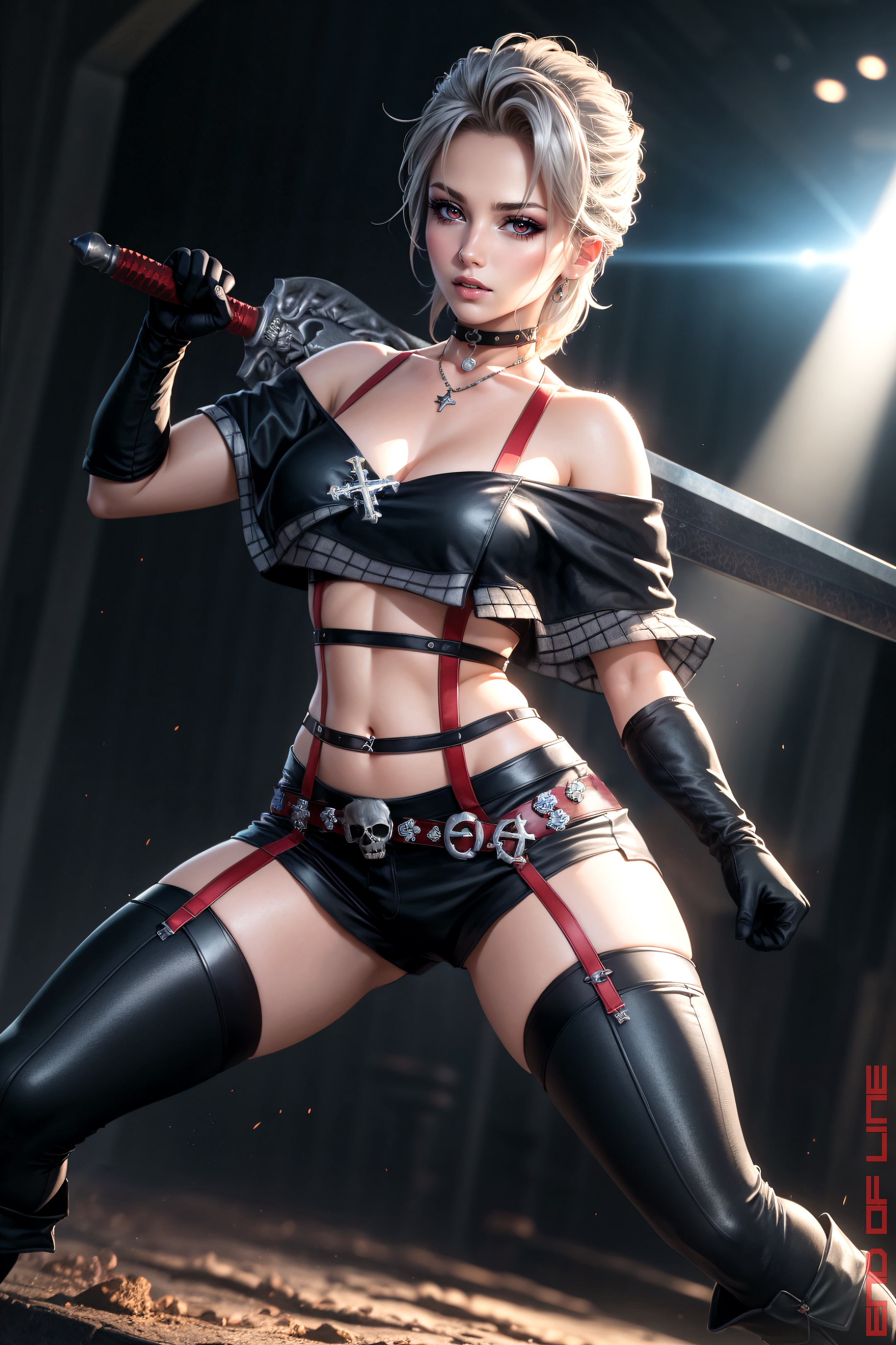 General 2160x3240 Stable Diffusion AI art women blonde sword black clothing Paine Final Fantasy X2 End Of Line portrait display straps women with swords collarbone bare shoulders standing spread legs looking at viewer short hair backlighting gloves black gloves weapon parted lips necklace choker lights skull thighs black thigh-highs earring thigh-highs digital art