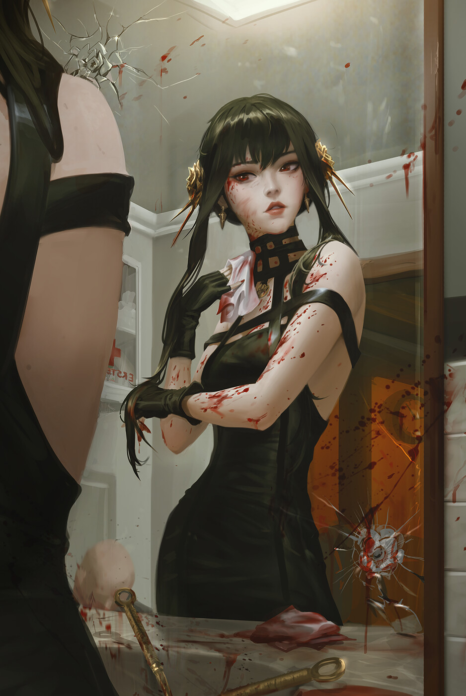 Anime 938x1400 Sean Tay drawing Spy x Family Yor Forger mirror black clothing portrait display anime anime girls reflection black gloves gloves long hair black hair blood ceiling lights weapon red eyes parted lips towel broken glass standing hair between eyes earring fingerless gloves dress