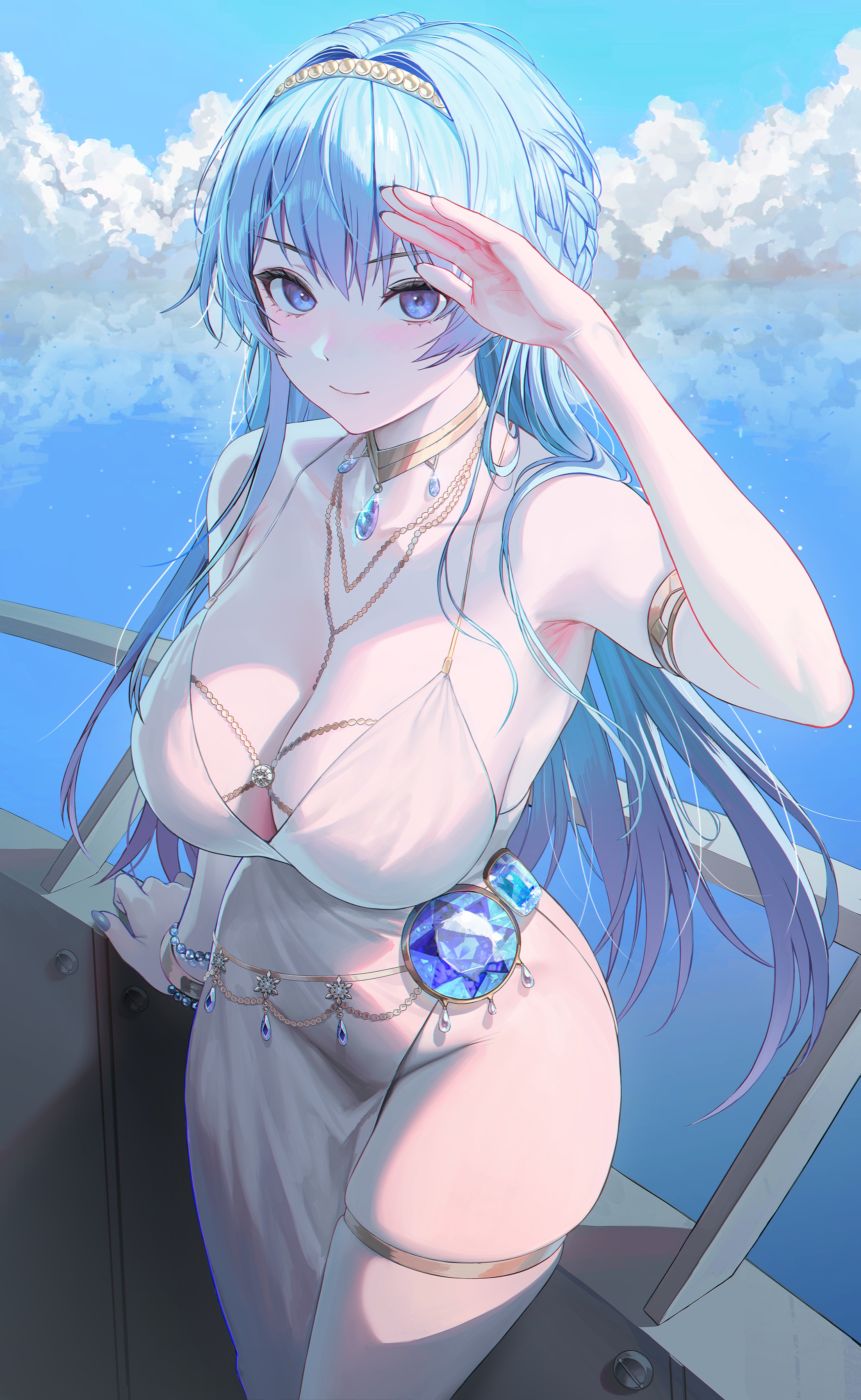 Anime 2100x3413 Nikke: The Goddess of Victory portrait display clouds Helm (Nikke) long hair light blue hair armpits looking at viewer dress huge breasts cleavage white dress blushing jewelry light blue eyes one arm up thigh strap salute bare shoulders sleeveless necklace gold necklace smiling women outdoors armlet gems see-through dress necklace between boobs Tokkihouse sky cumulus nopan anime girls anime