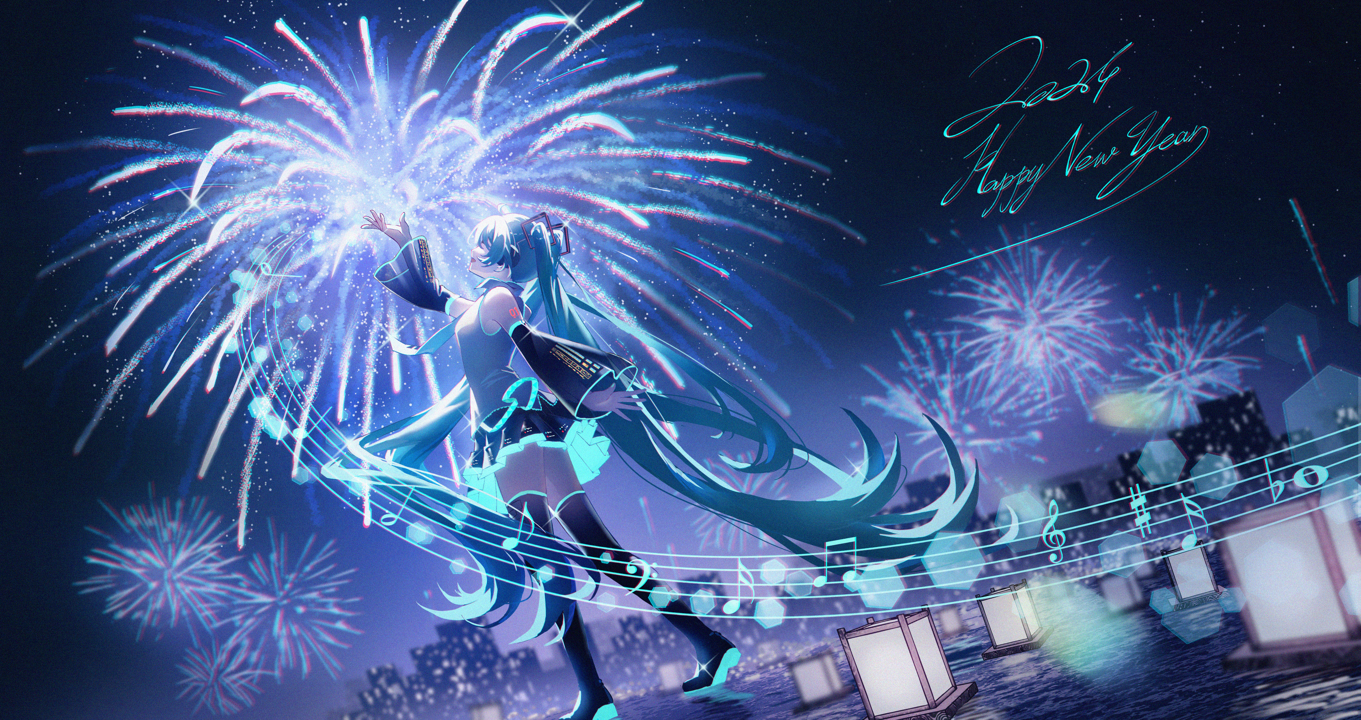 Anime 4504x2385 anime anime girls Hatsune Miku Pixiv ji ye fan sheng Vocaloid New Year 2024 (year) outdoors women outdoors musical notes fireworks blue hair open mouth detached sleeves long hair sleeveless shirt numbers city lights building water blue nails sky night skirt frills thigh-highs looking up standing stars