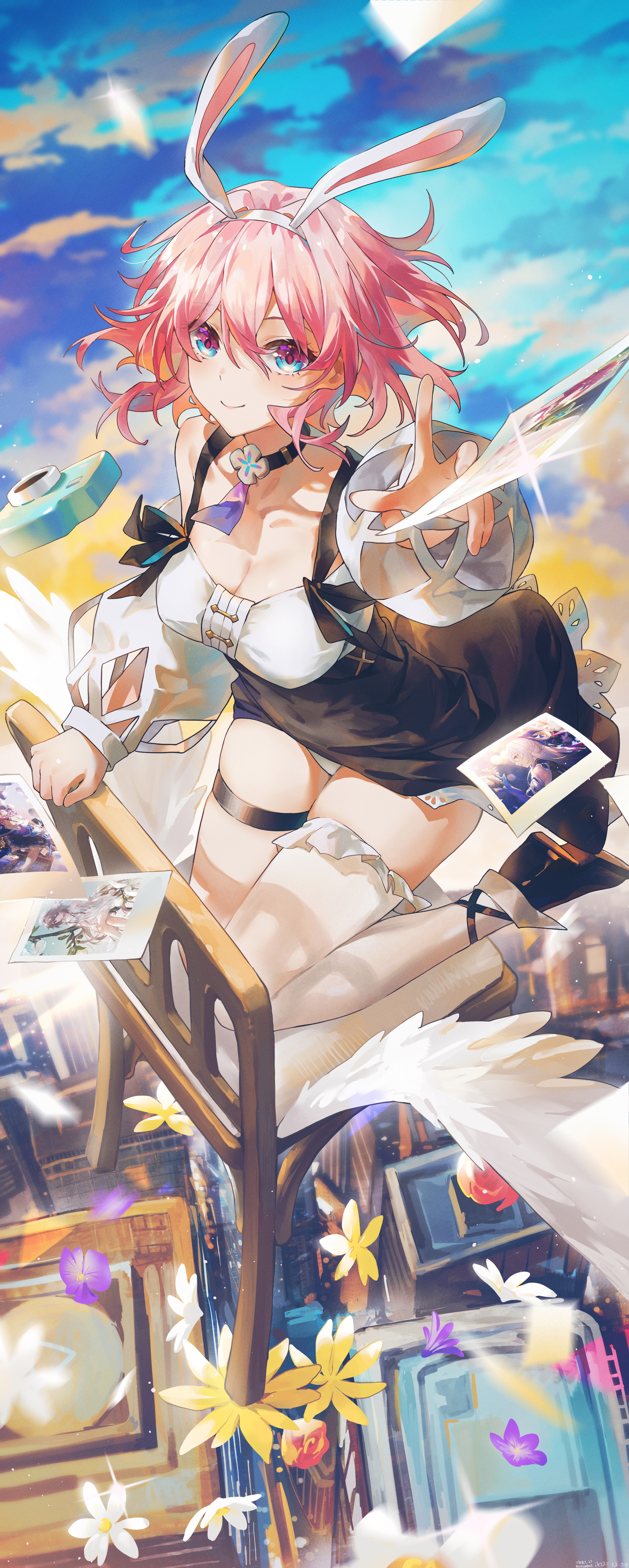 Anime 3000x7482 anime anime girls portrait display sky looking at viewer clouds March 7th (Honkai: Star Rail) Honkai: Star Rail smiling closed mouth pink hair multi-colored eyes camera collarbone cleavage leg ring skindentation SWKL hair between eyes flowers wings chair white thigh highs bent legs thigh-highs bare shoulders detached sleeves building bunny ears sunlight signature 2023 (year)