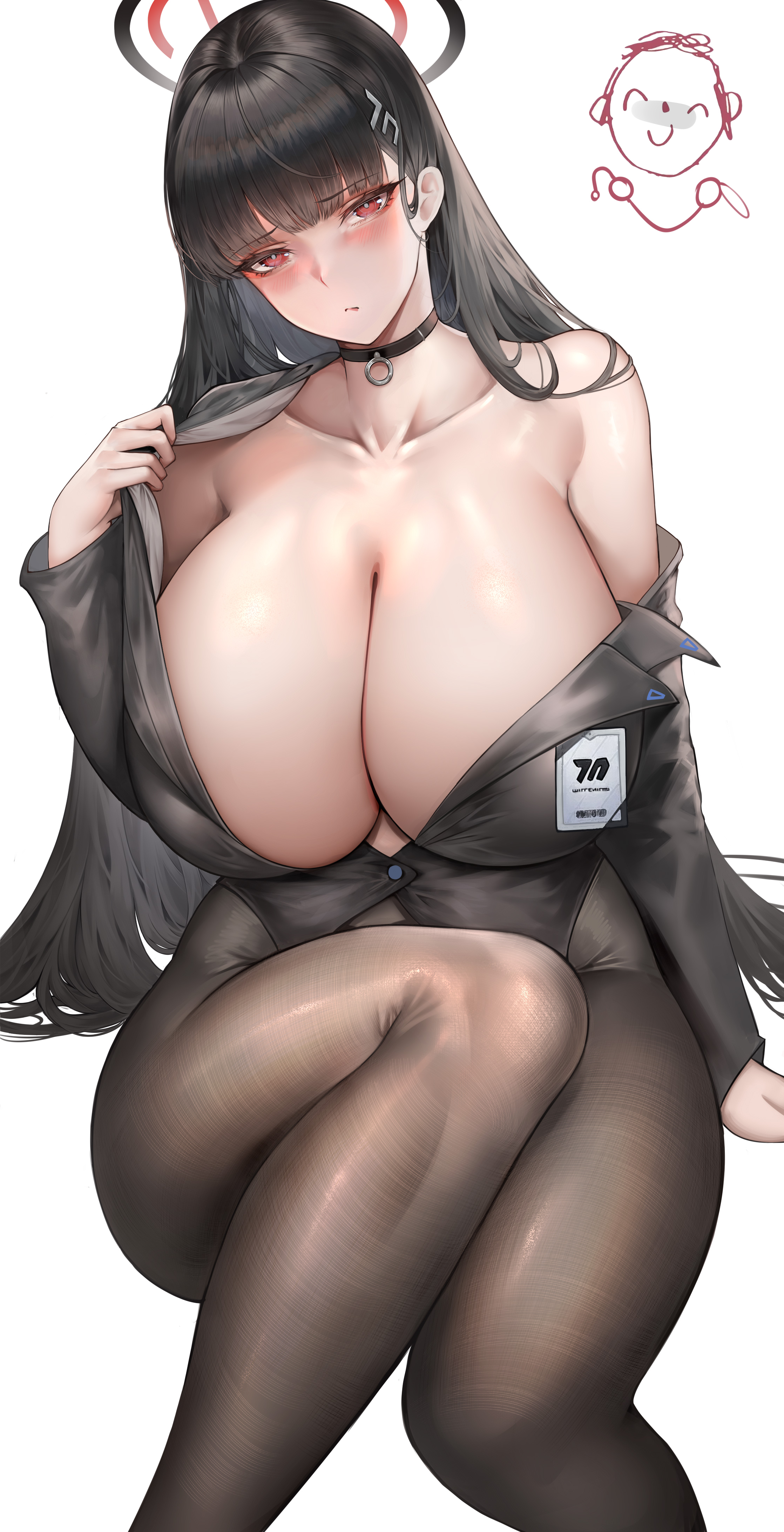 Anime 2236x4370 Blue Archive huge breasts portrait display no bra Xiaojing Shenyuan badge white background choker simple background thighs looking at viewer hair clip black hair hair ornament Tsukatsuki Rio pantyhose black pantyhose long hair closed mouth long sleeves open clothes black vest thick thigh head tilt red eyes blushing jacket black jackets bare shoulders curvy cleavage undressing sitting pulling clothing wide hips mature body anime girls collarbone anime