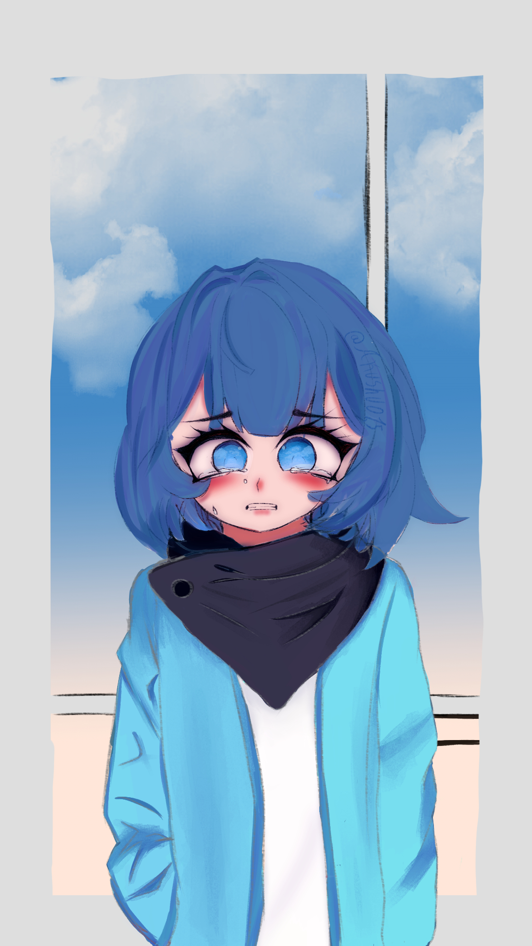 Anime 1080x1920 digital art drawing window anime girls anime looking at viewer portrait display short hair watermarked blue hair blue eyes parted lips tears crying clouds sky simple background
