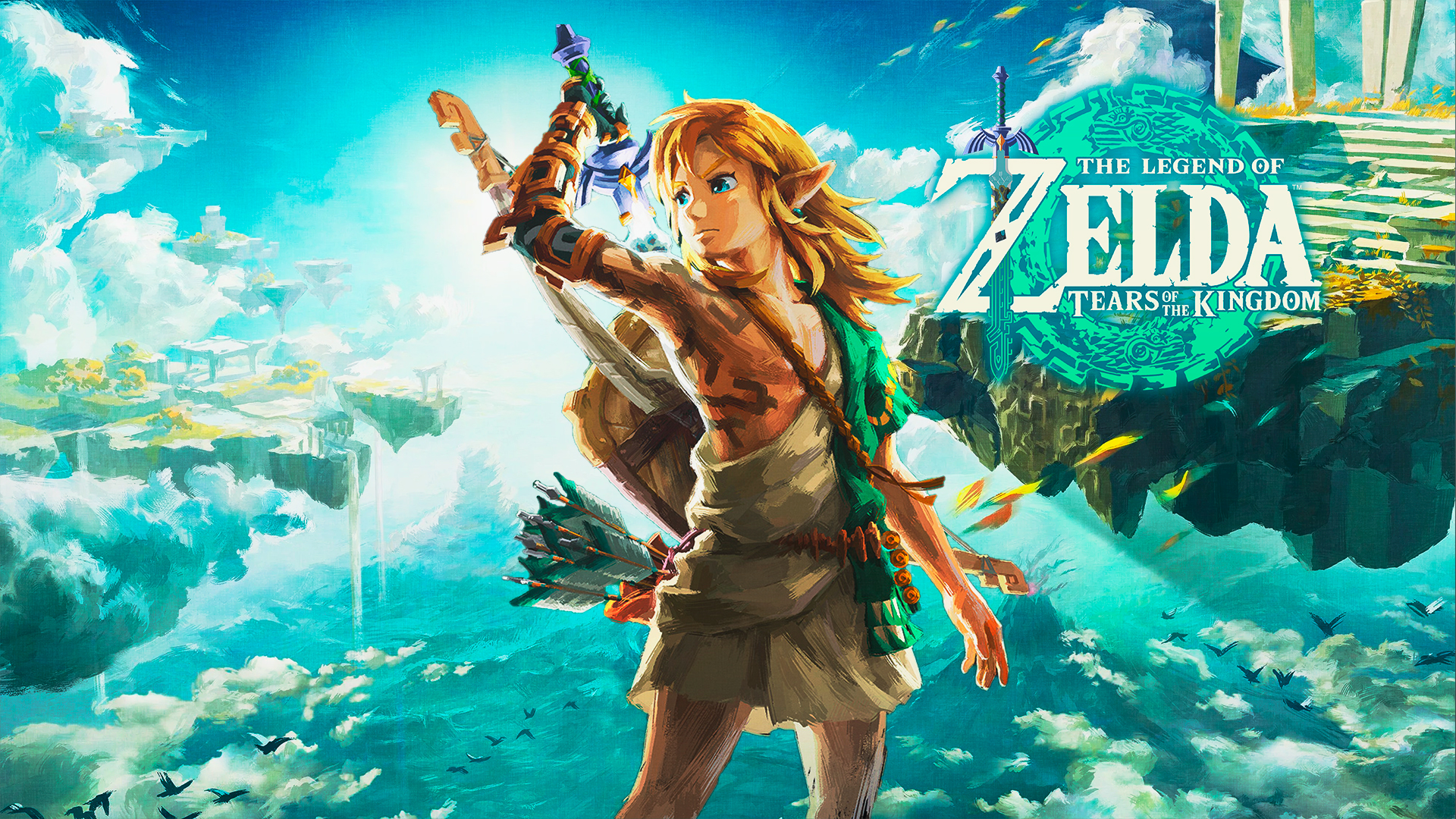 Anime 1920x1080 The Legend of Zelda The Legend of Zelda: Tears of the Kingdom Link DinocoZero video game characters sky video game boys clouds pointy ears sword closed mouth looking away standing bow and arrow video games sunlight blonde blue eyes earring