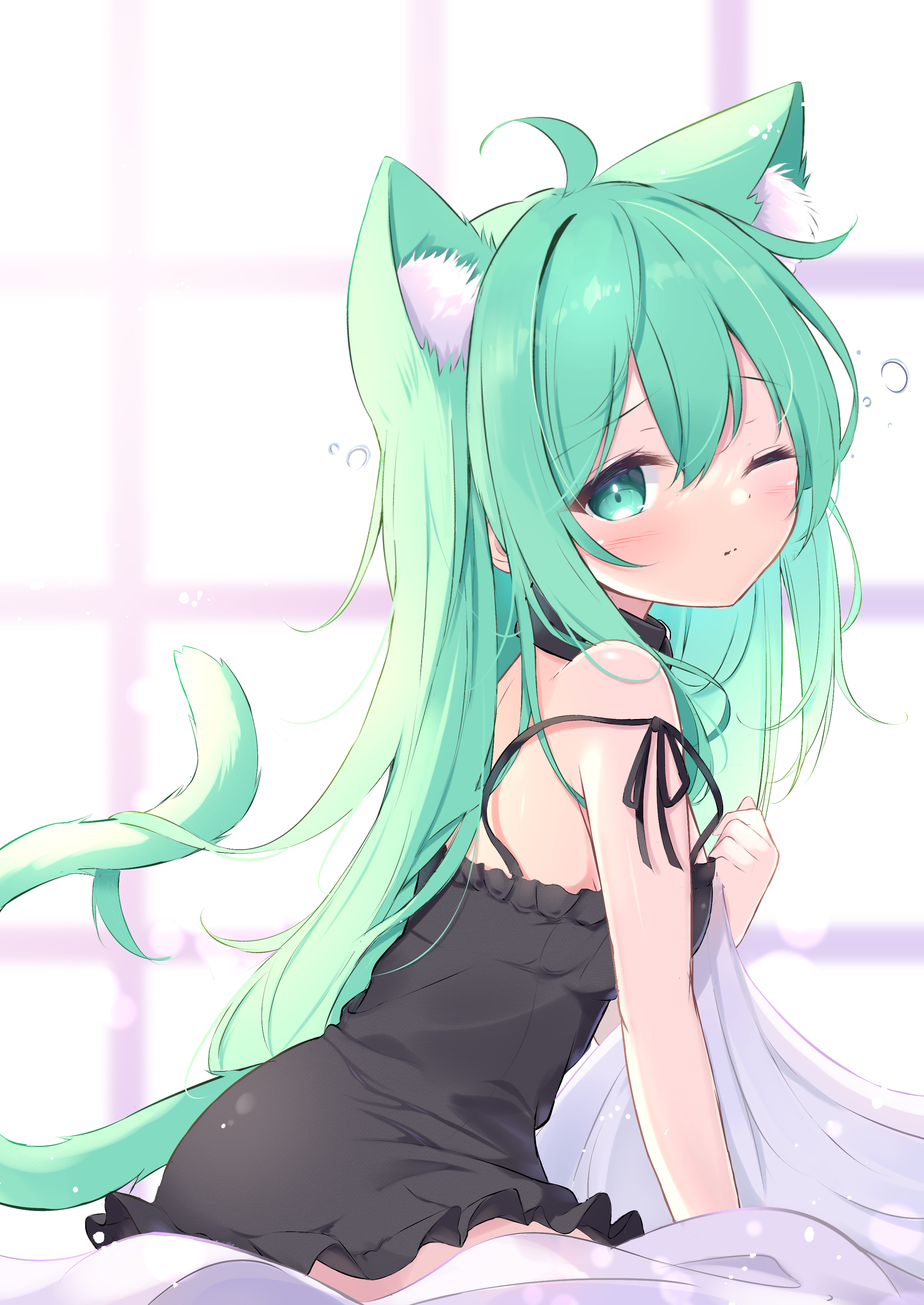 Anime 2508x3541 anime anime girls off shoulder Mikaze Oto hair between eyes blushing portrait display cat girl cat ears side view cat tail looking at viewer blue eyes one eye closed turquoise hair long hair ahoge closed mouth bare shoulders frills