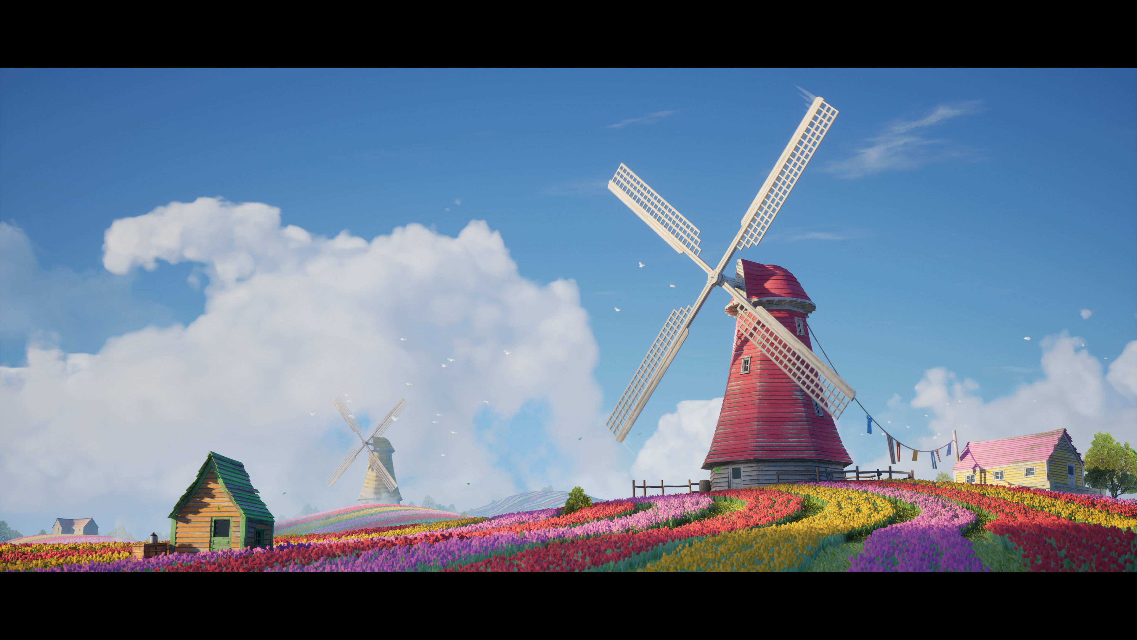 General 3840x2160 James Arkwright drawing windmill field tulips clouds sky flowers colorful sunlight house environment digital art CGI
