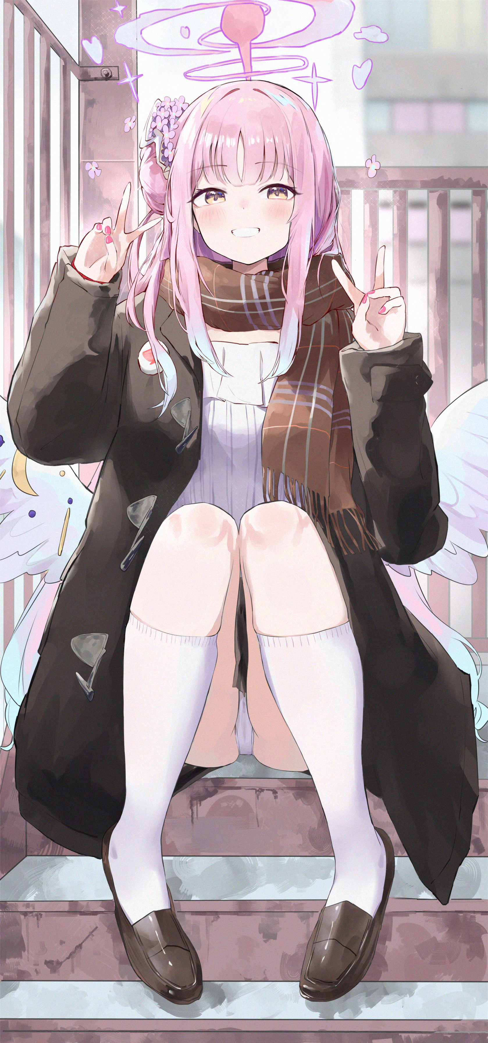 Anime 1678x3581 anime anime girls upskirt skirt smiling peace sign pink hair portrait display jsscj Blue Archive Misono Mika looking at viewer sitting yellow eyes flower in hair hairbun stairs scarf outdoors women outdoors wings jacket socks thigh high socks panties white socks bent legs gradient hair two tone hair long hair painted nails pink nails