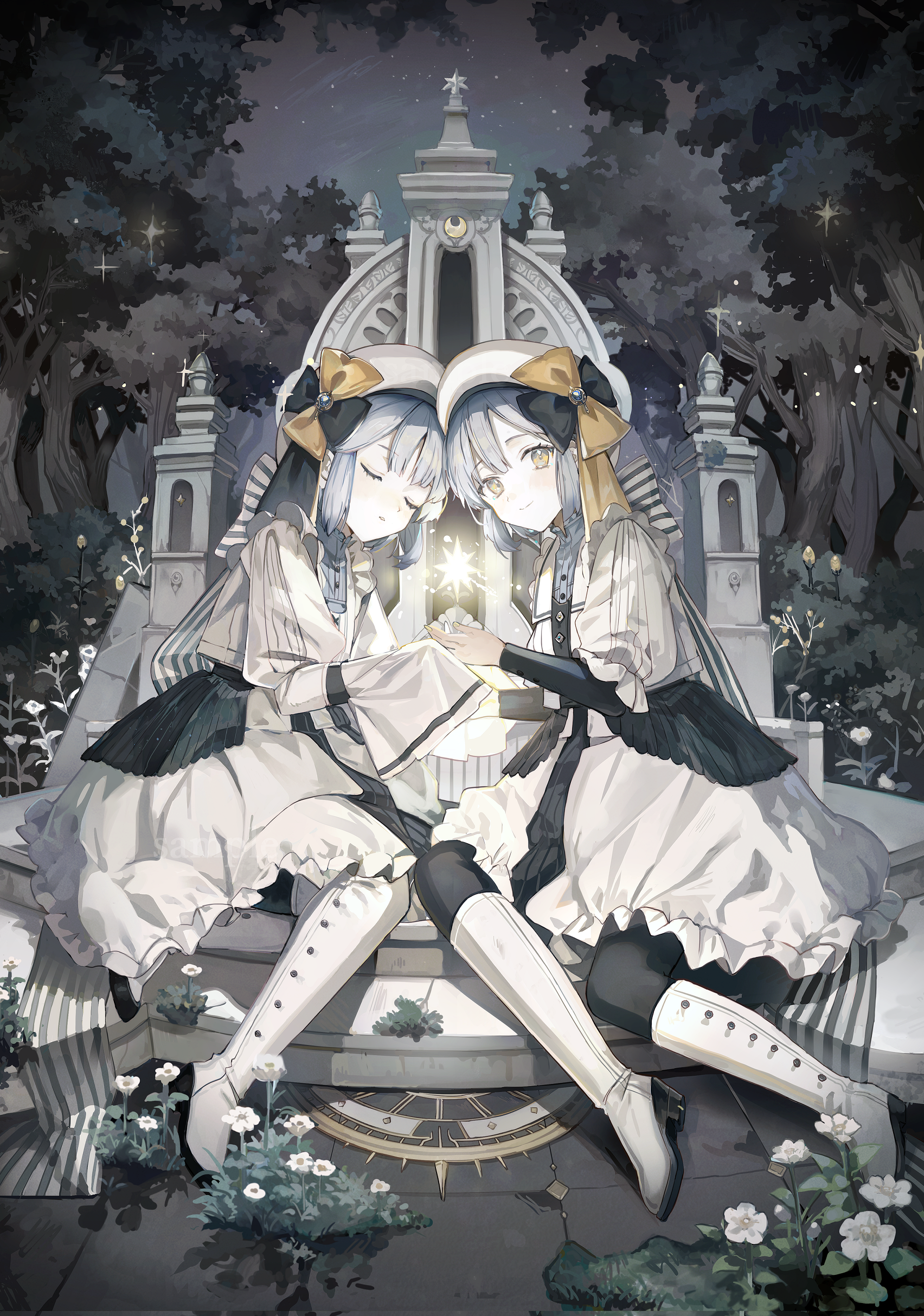 Anime 1704x2427 anime anime girls Hihara You portrait display looking at viewer dress closed eyes smiling sitting flowers trees leaves sky night footwear yellow eyes closed mouth siblings berets monuments gray hair two women twins