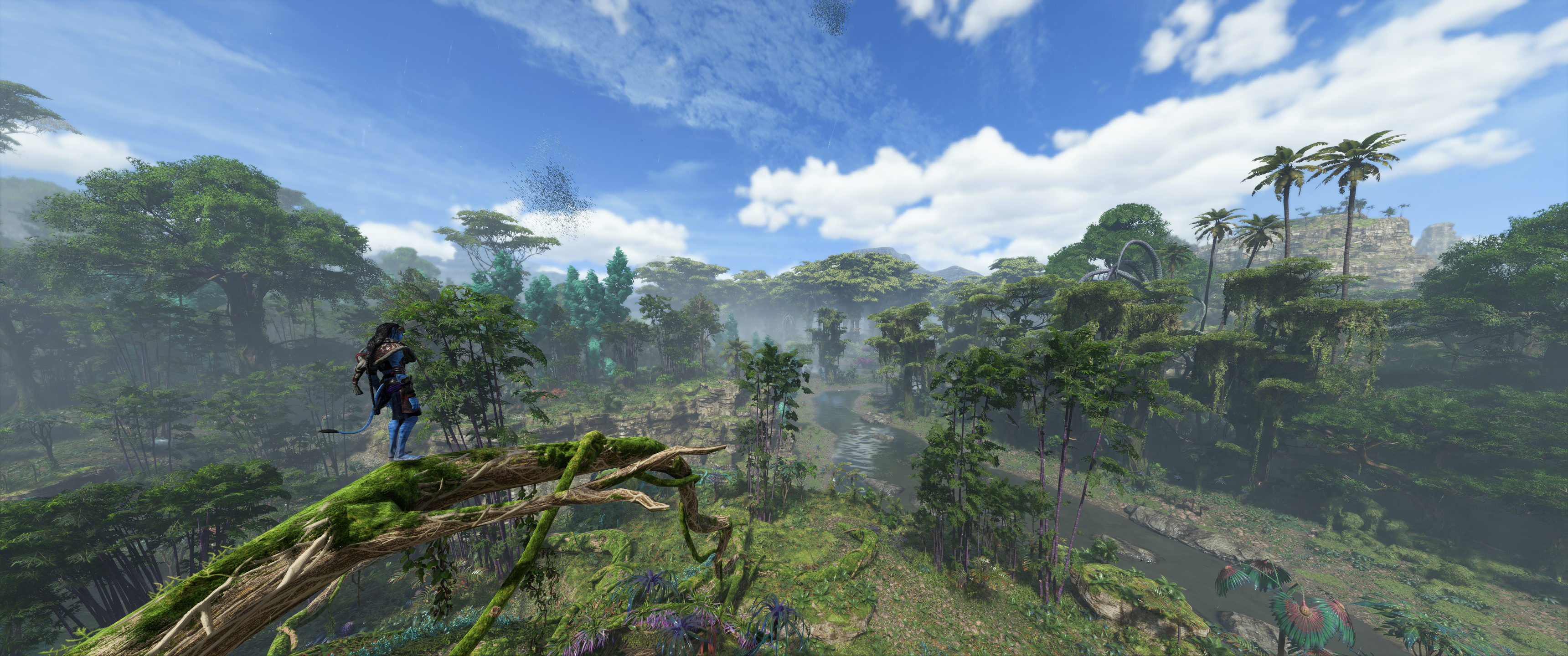 General 3440x1440 Avatar: Frontiers of Pandora Ubisoft video games Avatar landscape video game characters CGI video game art screen shot palm trees standing sky clouds nature blue skin