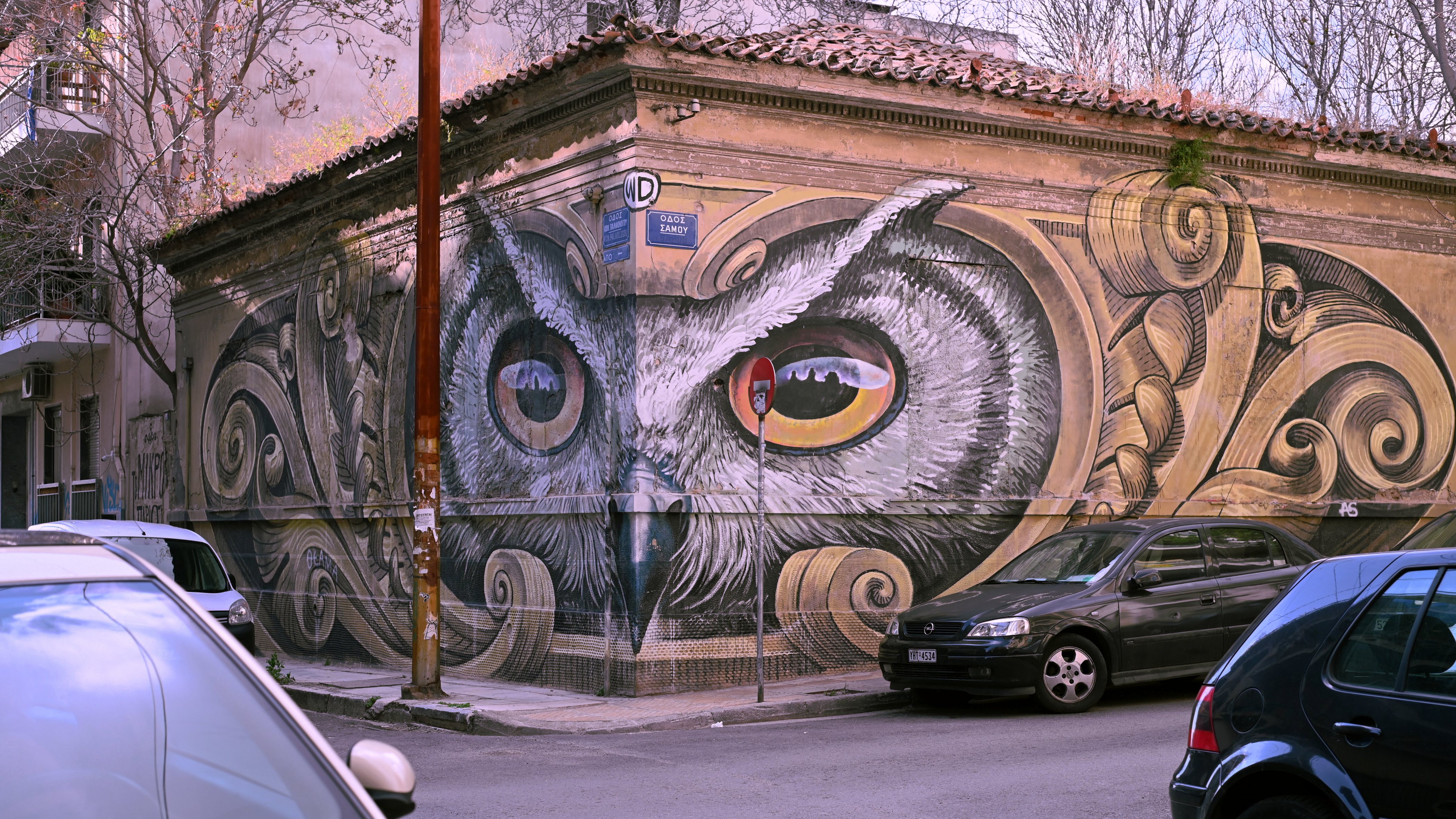 General 4200x2363 graffiti street art Wild Drawings (WD) Athens owl photography car vehicle street sidewalks animals birds artwork licence plates frontal view