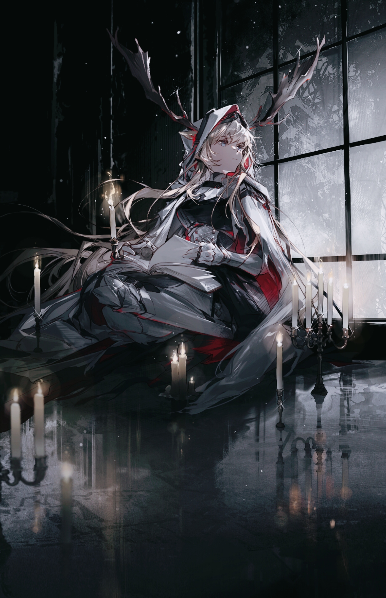 Anime 1280x1984 anime anime girls The Candle Knight Viviana (Arknights) Arknights looking away candles reflection Cheonyeon-hi armor long hair closed mouth indoors women indoors books hair between eyes blue eyes female warrior on the floor window floor hoods antlers portrait display