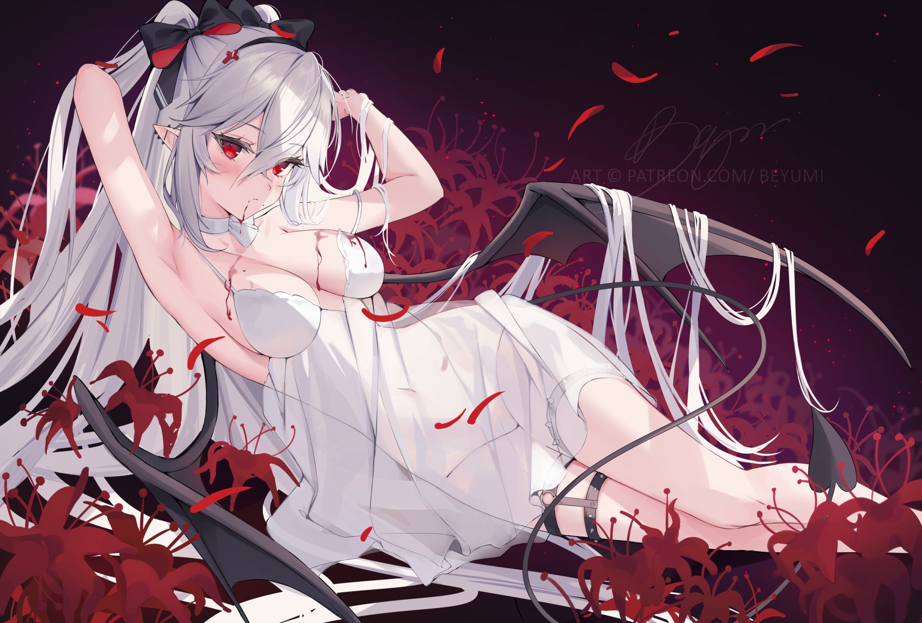 Anime 1835x1240 anime anime girls Beyumi Virtual Youtuber Beyumi (Vtuber) wings big boobs arms up armpits looking at viewer long hair nightgown lying down lying on side cleavage hands in hair hair between eyes tail demon girls pointy ears signature watermarked hair ribbon red eyes silver hair leg garter flowers choker ear piercing blushing petals red petals thighs together blood moles mole under mouth mole on breast spikes