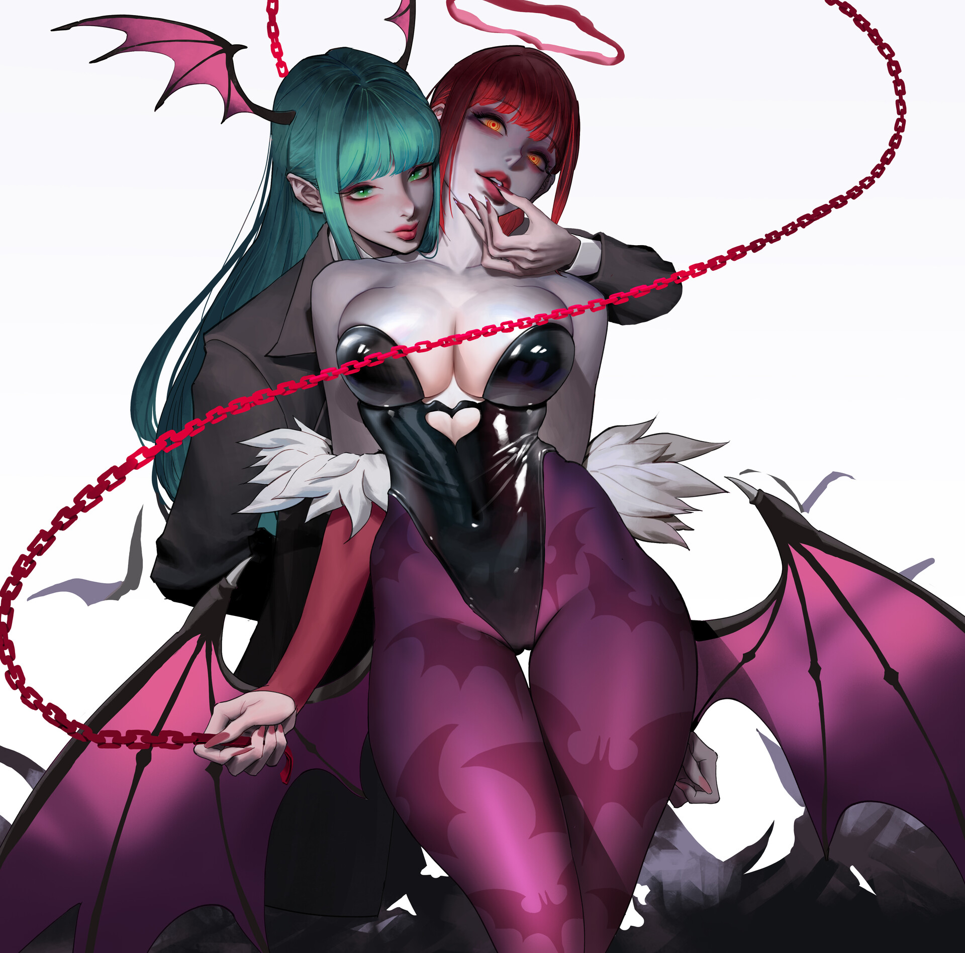 General 1920x1897 Wonbin Lee drawing women two women green eyes finger in mouth chains white background digital art Darkstalkers Makima (Chainsaw Man) crossover cleavage boobs simple background looking at viewer succubus long hair closed mouth minimalism bangs the gap Morrigan Aensland thighs bat wings pantyhose pointy ears wings head wings American shot bats