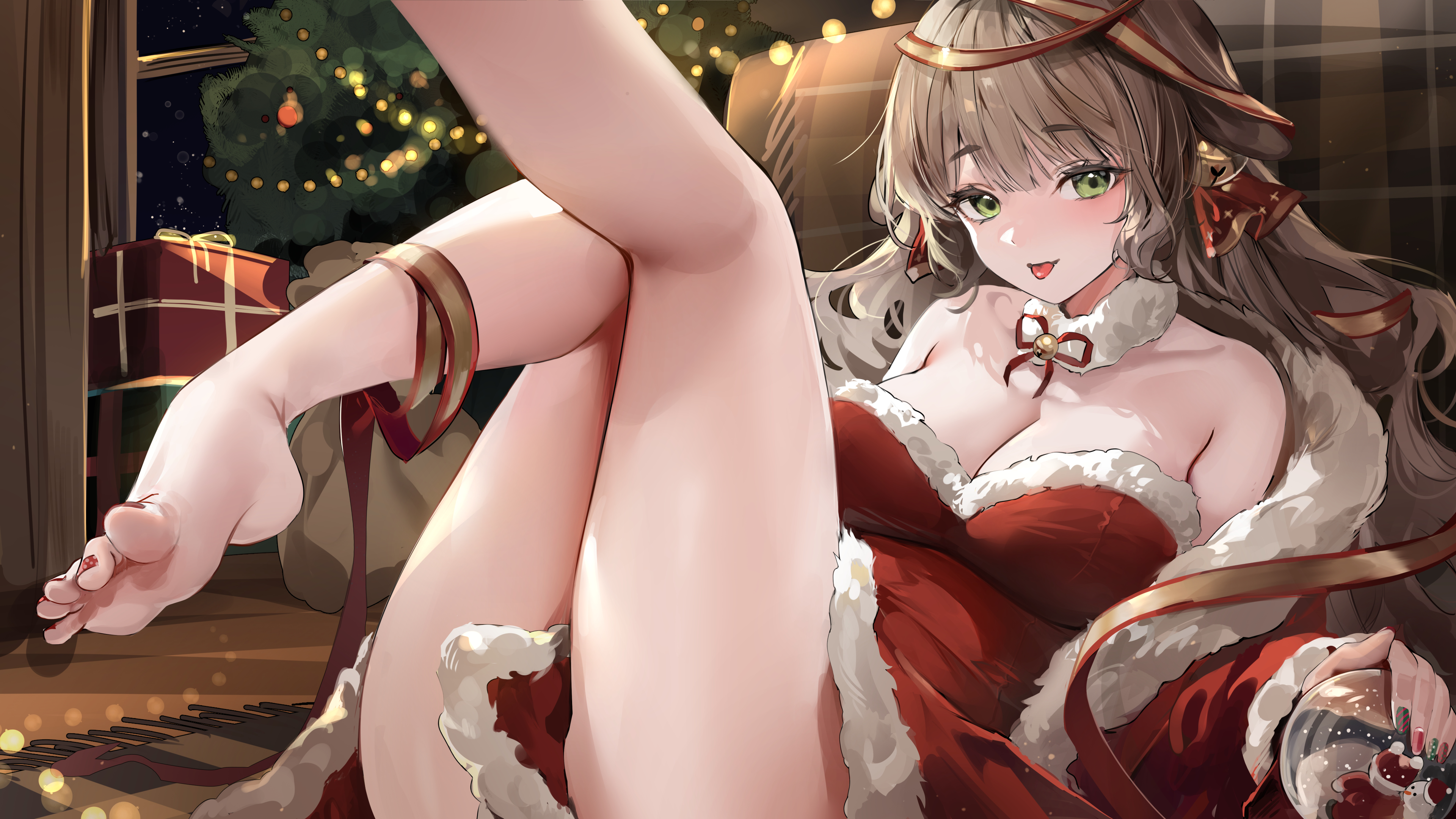 Anime 3840x2160 anime anime girls Christmas Christmas tree tongue out foot sole lillly Christmas clothes Christmas presents tongues looking at viewer long hair green eyes pointed toes indoors women indoors bare shoulders collarbone ribbon toes bells painted nails snow globe cleavage huge breasts legs Christmas ornaments  painted toenails bent legs thighs