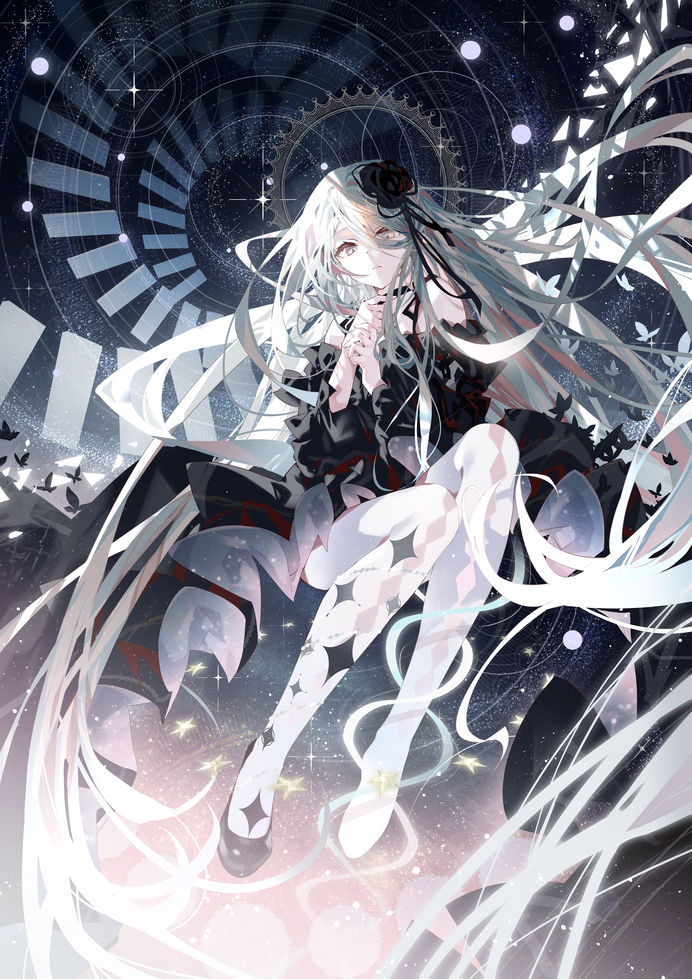 Anime 2264x3200 anime anime girls Midori Foo portrait display original characters dress bare shoulders bent legs closed mouth long hair hair between eyes stars flower in hair butterfly space looking at viewer detached sleeves frills pointed toes insect