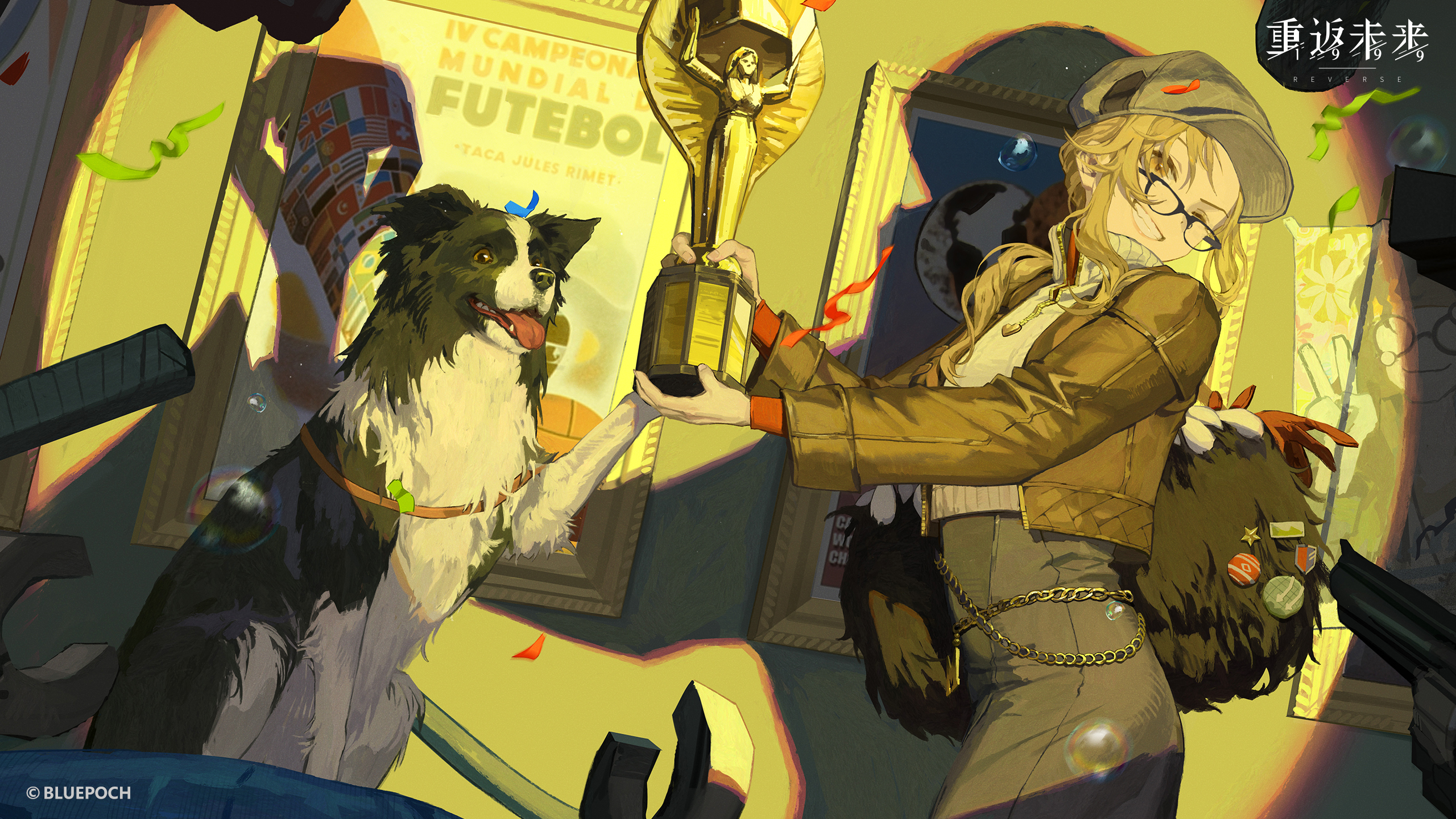 Anime 2560x1440 Reverse: 1999 anime anime girls dog holding trophy badge bag eyewear Border Collie blonde long hair side view glasses smiling jacket long sleeves wall tongue out tongues teeth sweater ponytail shadow one eye closed hat looking at viewer Melania (Reverse:1999) Pickles (Reverse:1999) Diggers (Reverse:1999) poster watermarked Bluepoch trophy confetti animals