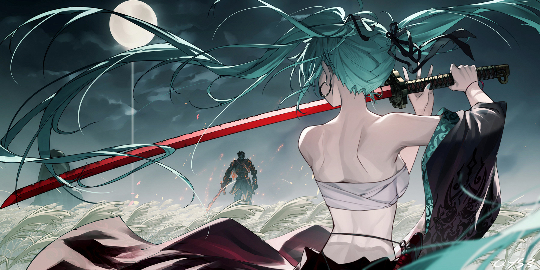 Anime 1800x900 anime anime girls Hatsune Miku Vocaloid sarashi bandages full moon katana weapon Moon twintails crossover Dark Souls Bai Yemeng Soul of Cinder long hair field fighting stance signature moonlight hair blowing in the wind wind