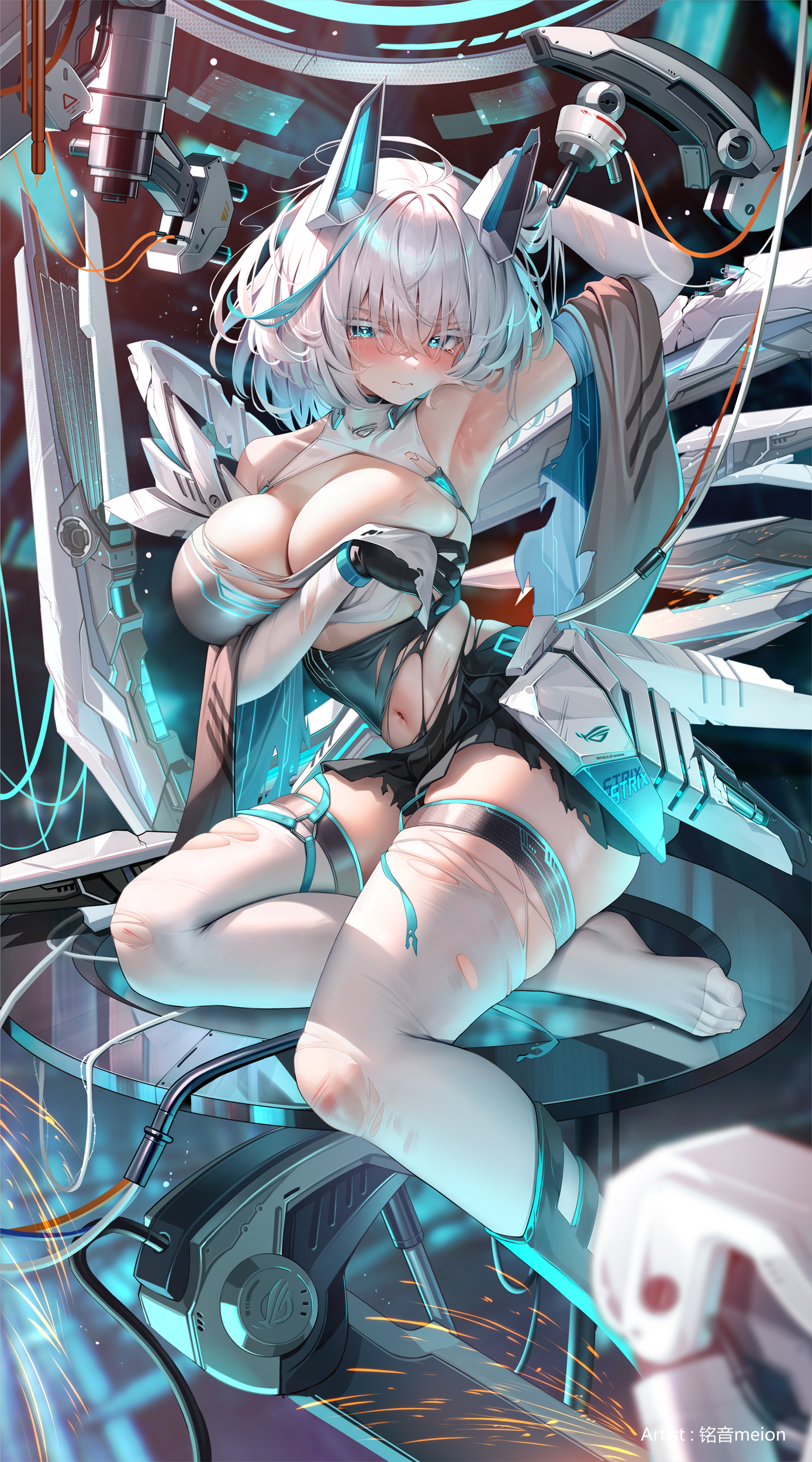 Anime 1389x2500 anime girls portrait display mecha girls big boobs blushing holding boobs looking at viewer armpits torn legwear stockings torn clothes cleavage white hair short hair MeIoN Virtual Youtuber one arm up blue eyes watermarked thighs dress elbow gloves belly button sitting closed mouth skirt teardrop two tone hair
