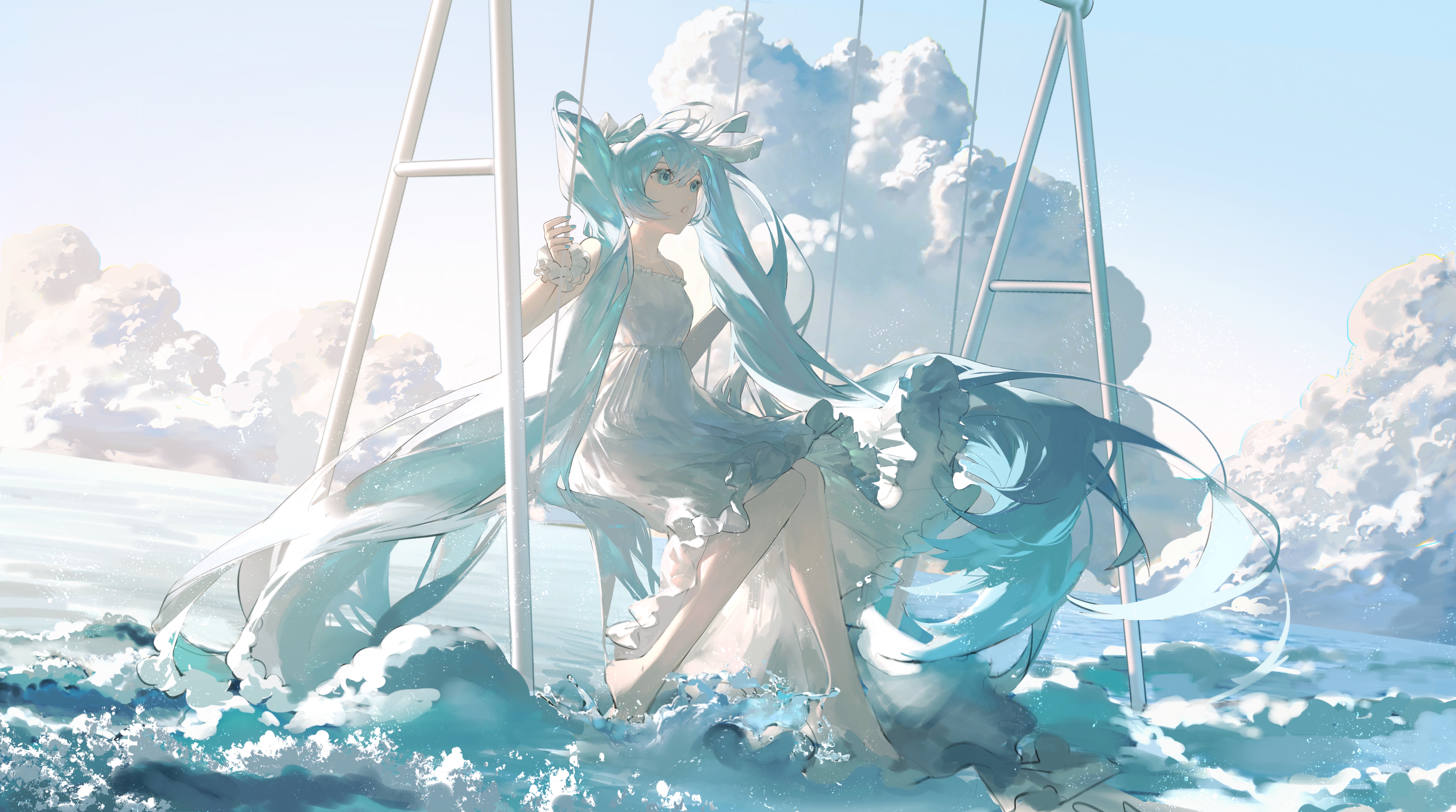 Anime 7000x3903 anime anime girls Hatsune Miku Vocaloid swings Guluglutton looking away long hair painted nails blue nails bare shoulders sitting water sky clouds sunlight white dress dress frills barefoot
