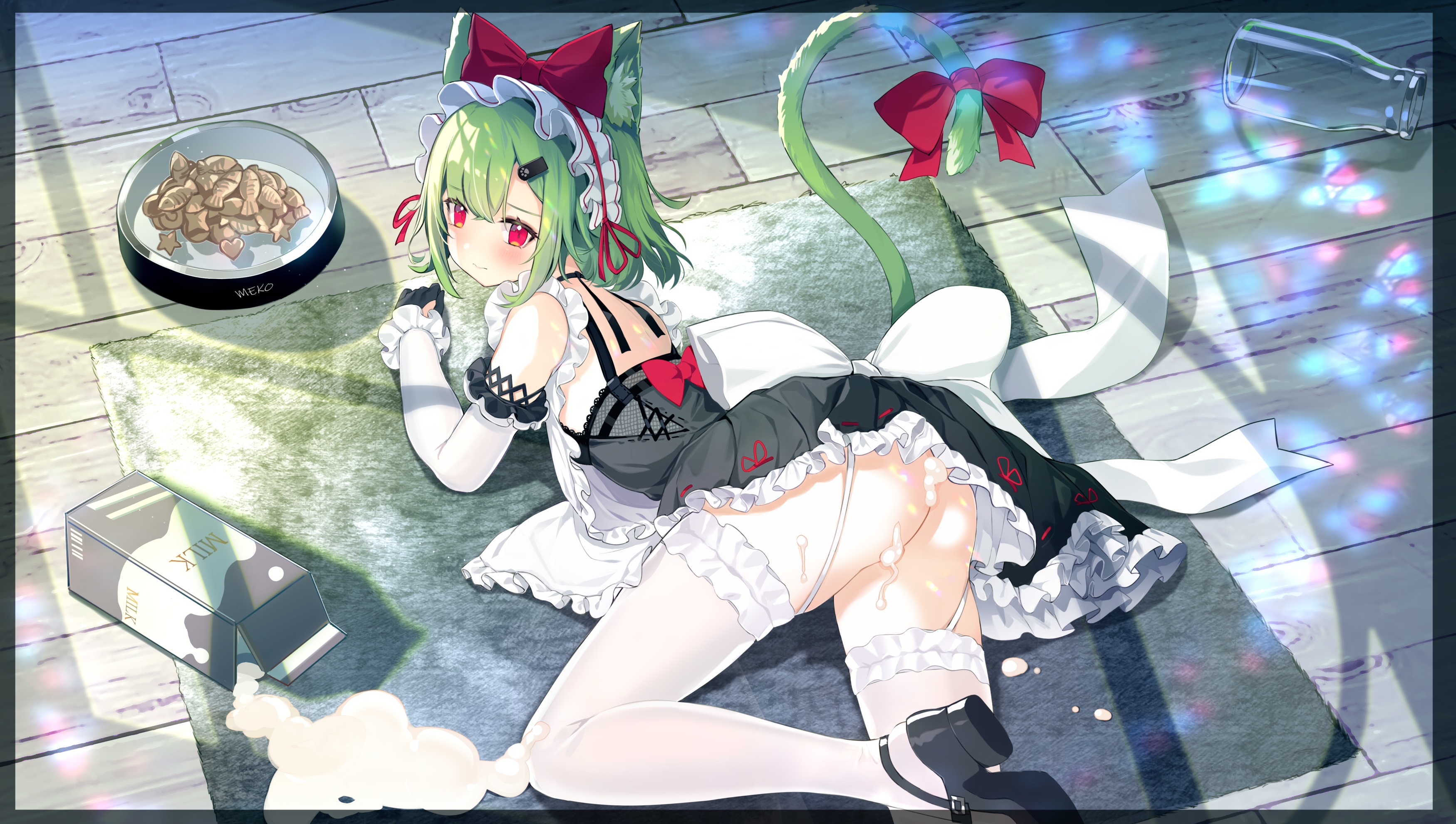 Anime 3500x1981 anime anime girls maid Artery Gear looking at viewer blushing looking back cat girl cat ears cat tail ass frills heels shoe sole indoors women indoors video game girls gloves elbow gloves stockings white stockings sunlight white gloves green hair red eyes rear view upskirt Skindentation garter straps bowls milk floor apron accidents headdress short hair glass bottle maid outfit