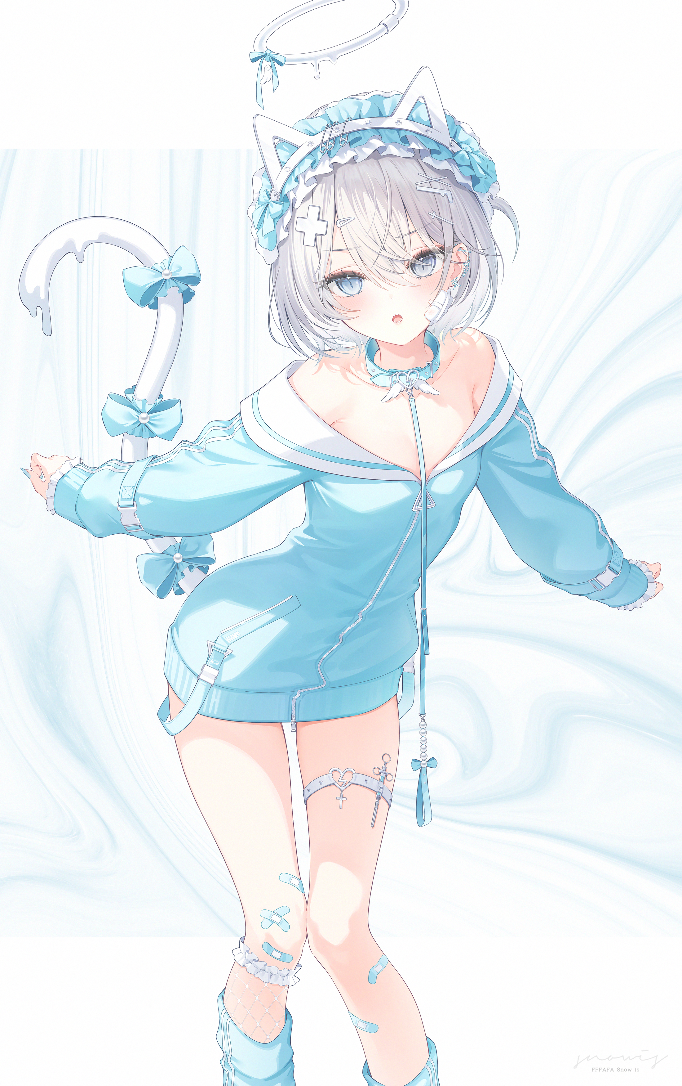 Anime 2200x3500 anime anime girls Snow Is looking at viewer portrait display standing bare shoulders short hair hair between eyes blushing blue eyes cat girl cat tail collar leash Band-Aid cat ears leg ring watermarked signature long sleeves painted nails blue nails hair ornament earring headdress Paperclip frills knees together skinny