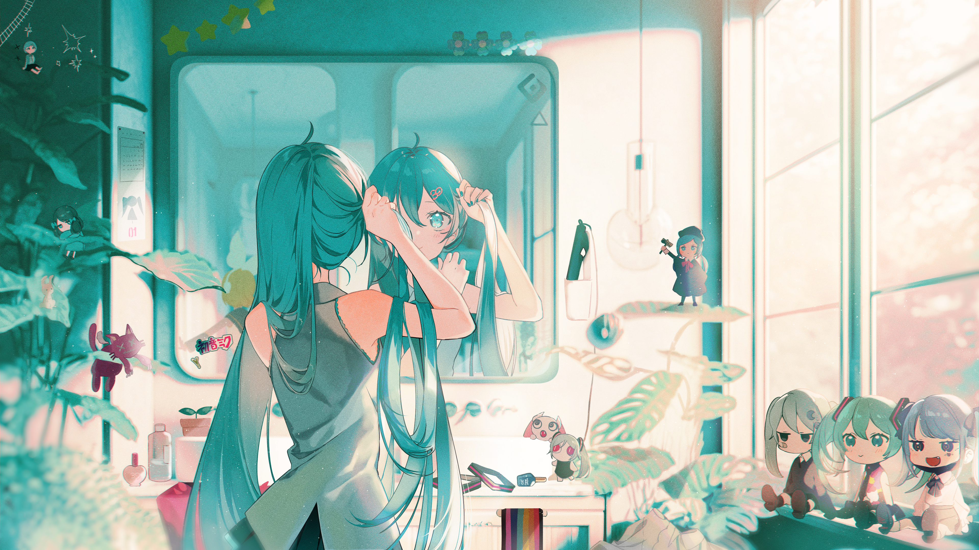 Anime 3840x2160 Hatsune Miku anime Vocaloid anime girls twintails long hair mirror reflection blue hair blue eyes window sunlight