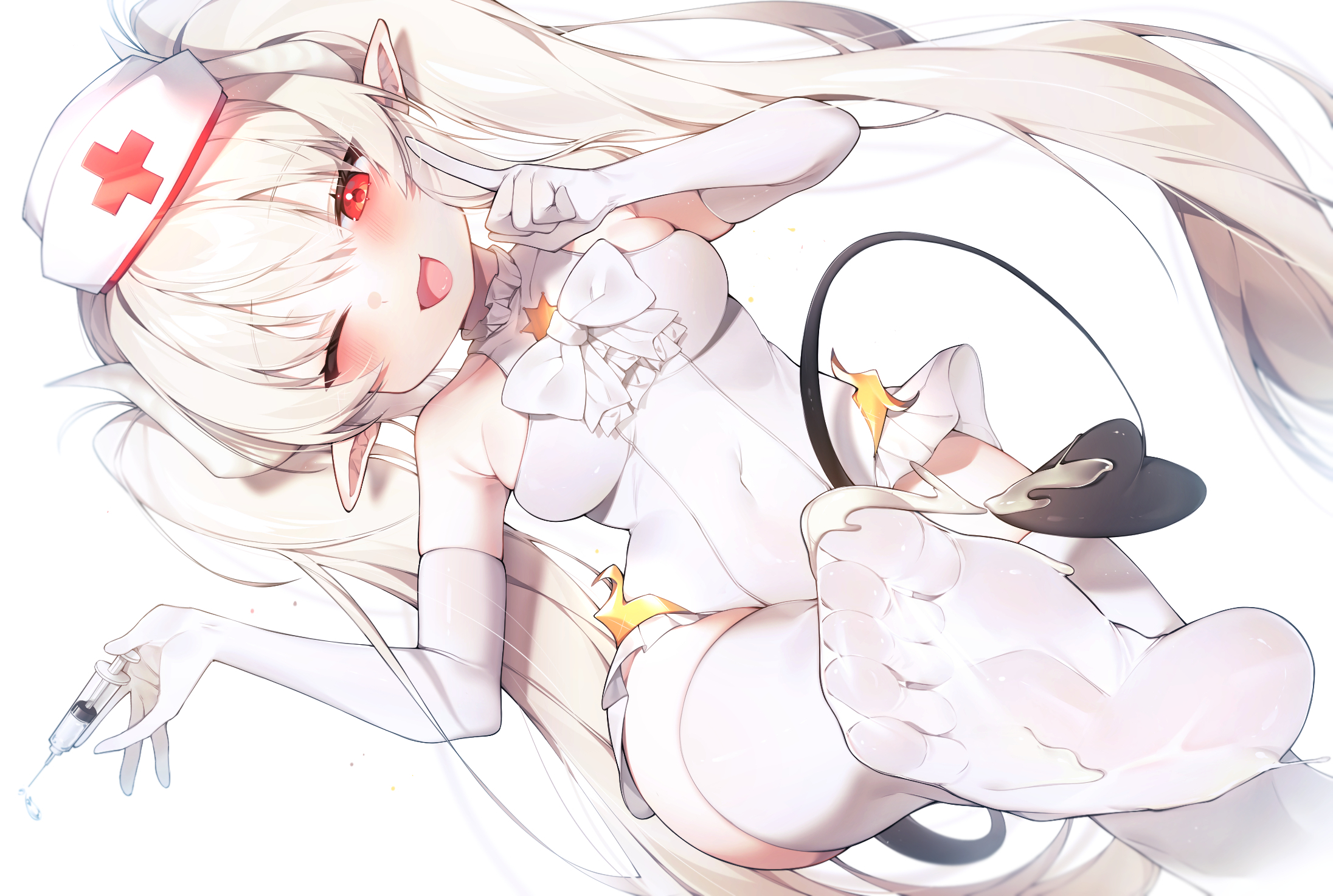 Anime 2192x1473 anime anime girls one eye closed elbow gloves wink blushing needles nurses nurse outfit long hair pointy ears feet stockings bow tie white background simple background minimalism demon girls demon tail twintails loli