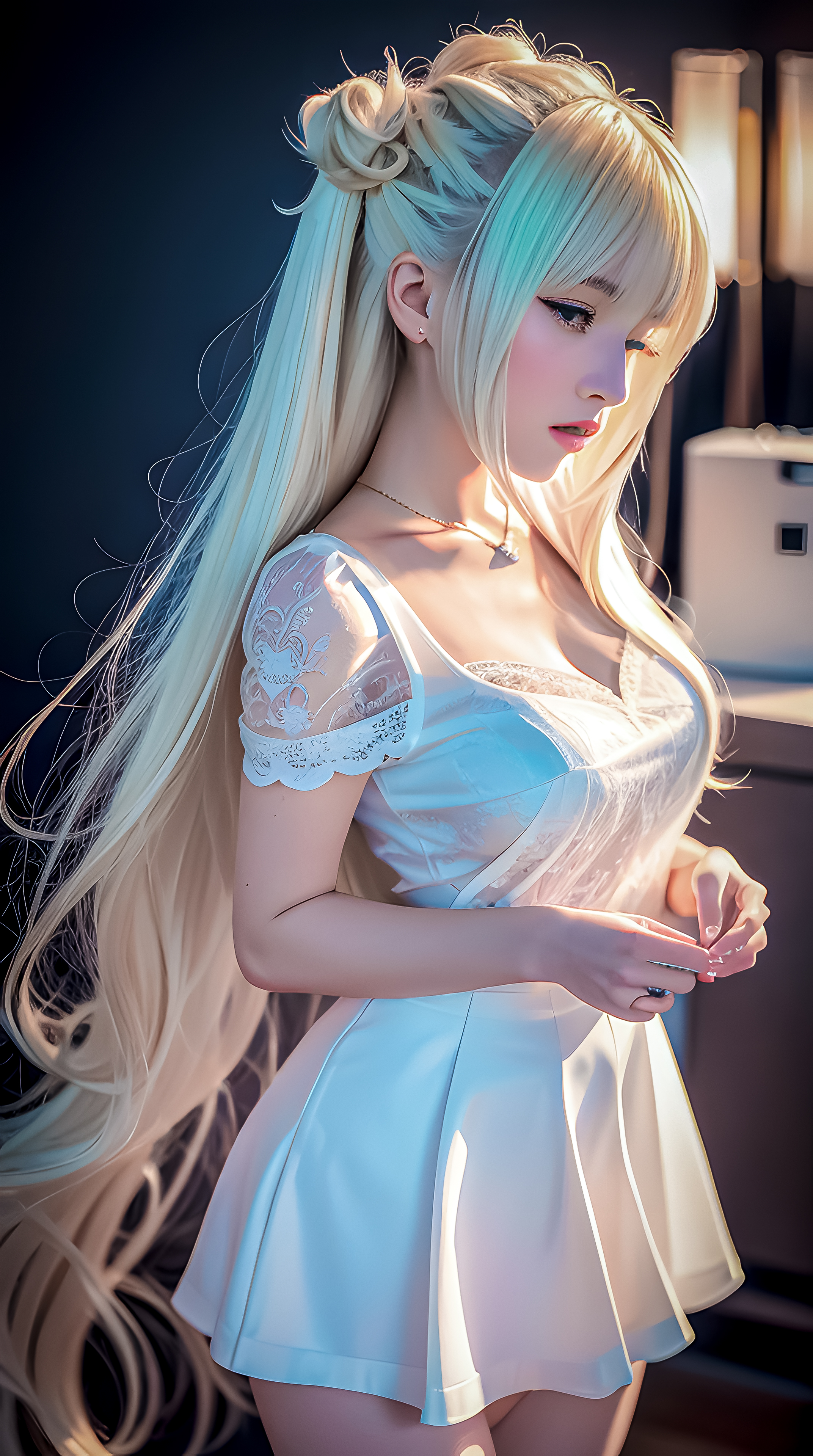 Anime 2144x3840 AI art Asian women portrait display long hair looking at viewer necklace blonde white dress